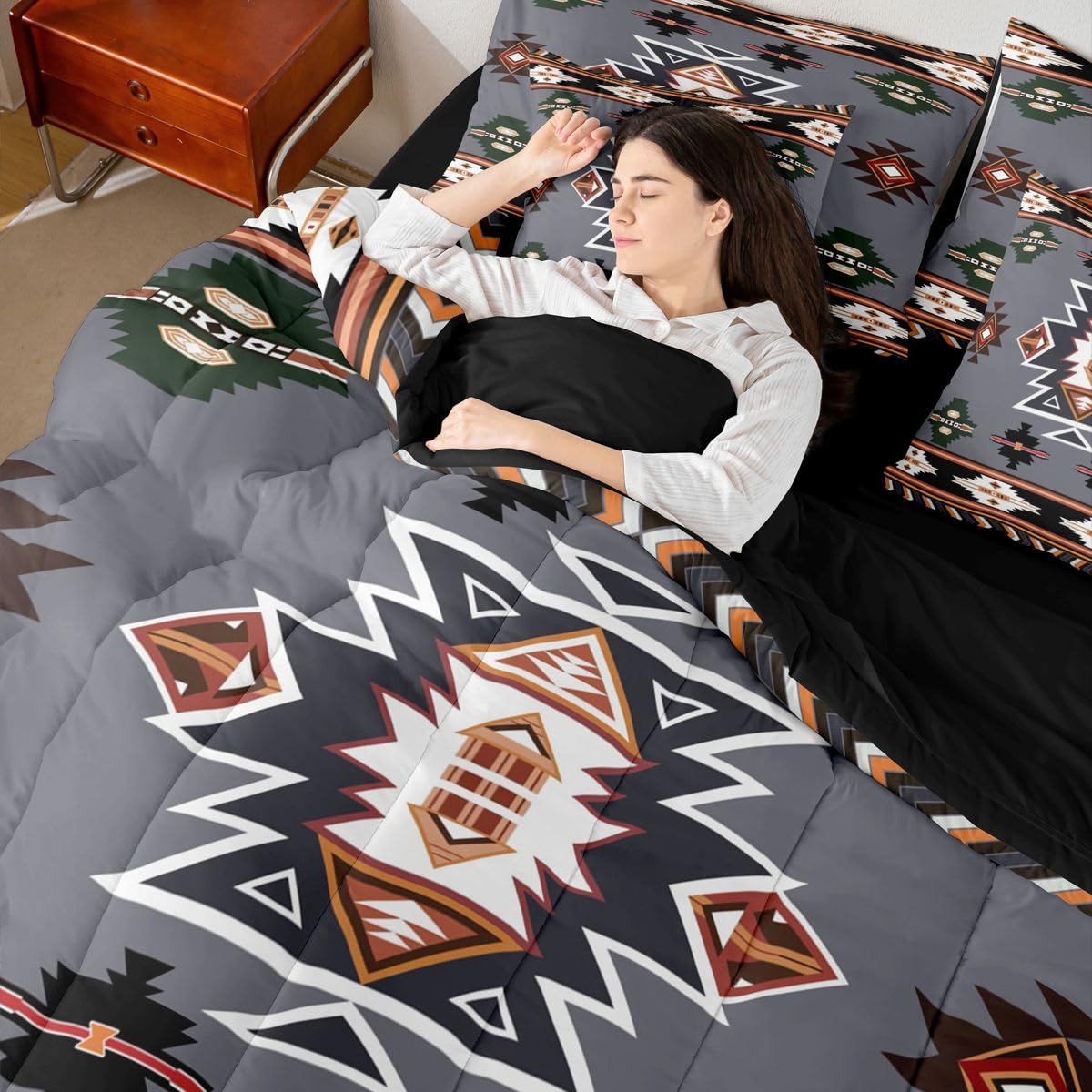Erosebridal Western Comforter Set 7 Piece Bed in a Bag Twin | Bohemian Decor Geometric Bedding Sets Boho Aztec Comforter and Sheet Set, Ethnic Tribal Arrow Bed Sets,Grey