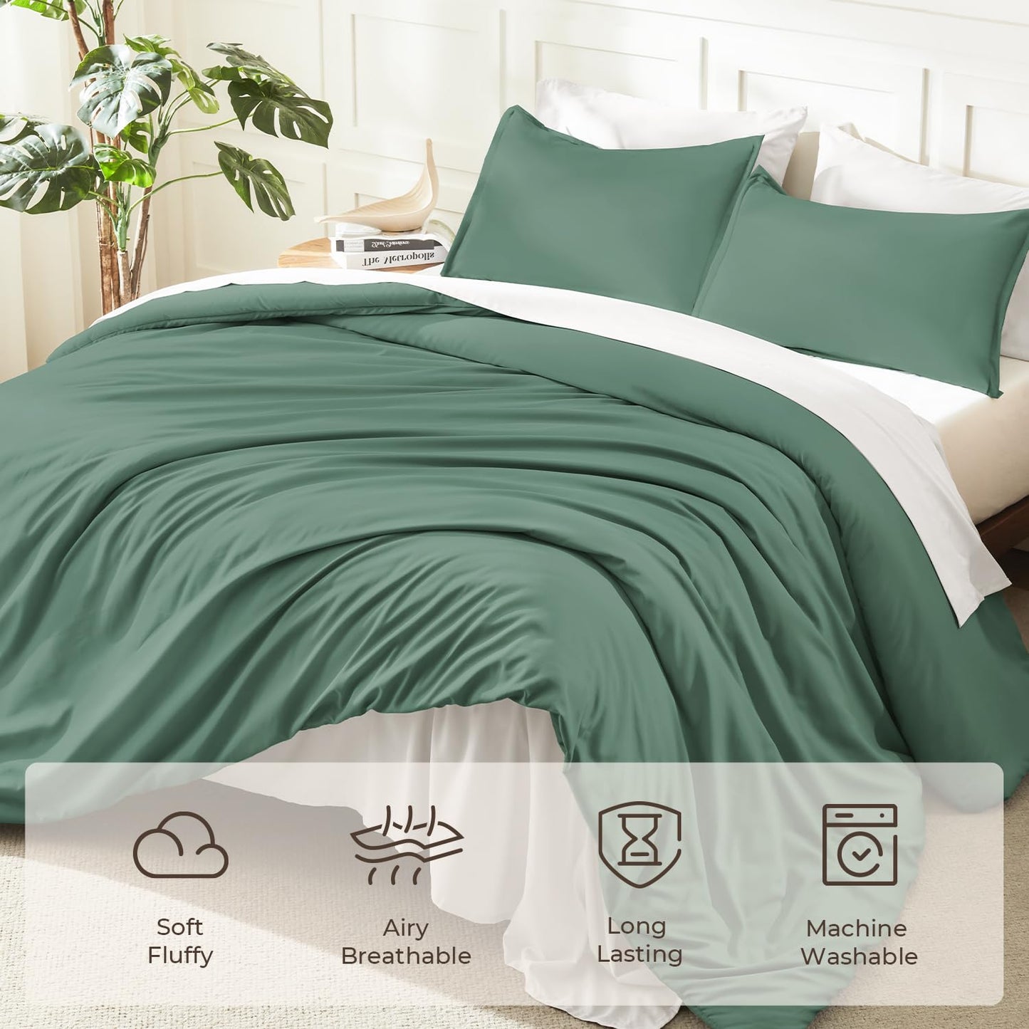 Litanika Comforters King Size Haze Green, 3 Pieces Lightweight Solid Bedding Set & Collections, All Season Fluffy Bed Set (104x90 Inches Comforter & 2 Pillowcases)