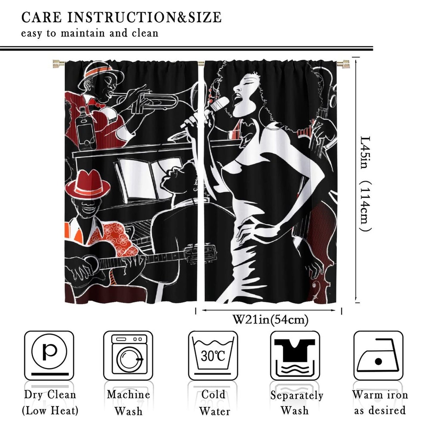 Modern Abstract African American Curtains, Jazz Band Afro Black Woman Singer Performer Silhouette, Thermal Insulation Blackout Window Treatments Rod Pocket for Living Room Bedroom Bathroom 42x45in