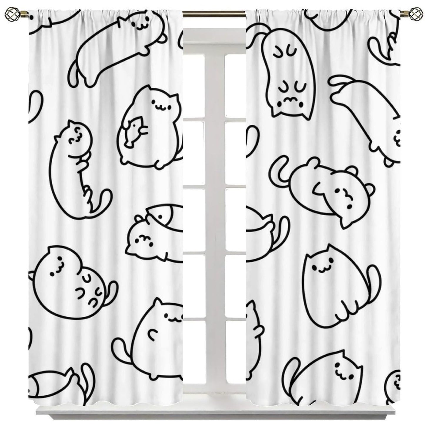 Cartoon Cat Curtain, Funny Cute Black White Line Kitten Art Pattern Decor Rod Pocket Window Curtain, for Kids Nursery Living Room Bedroom Cafe Farmhouse Style-11 42" W X 45" L