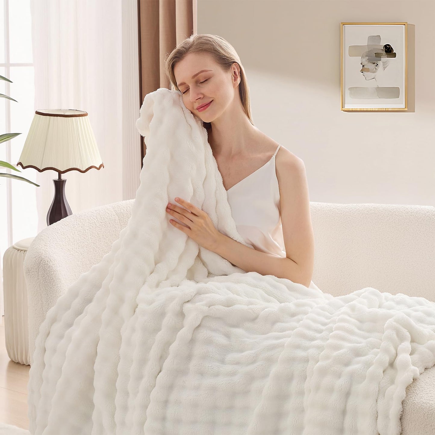 3D Bubble Plush Blanket Textured Fleece Throw Soft Warm Cozy Blanket Couch Bed Throw Snow White 50x60 Inches