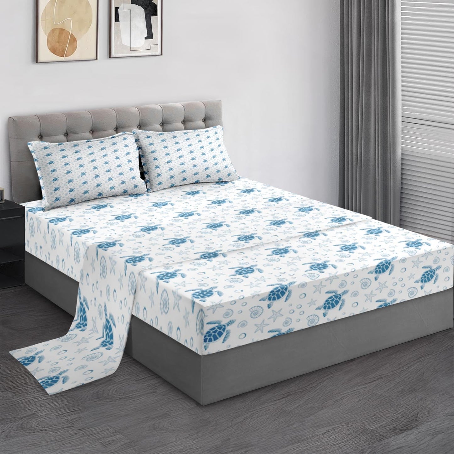 Pamnest Queen Size Bed Sheet Sets, Sea Turtle Ocean Soft Microfiber 4 Pcs Bedding Sets for Kids and Adults Bedroom Bed Decor, Animal Starfish Beach Flat, Fitted Sheet and 2 Pillowcases
