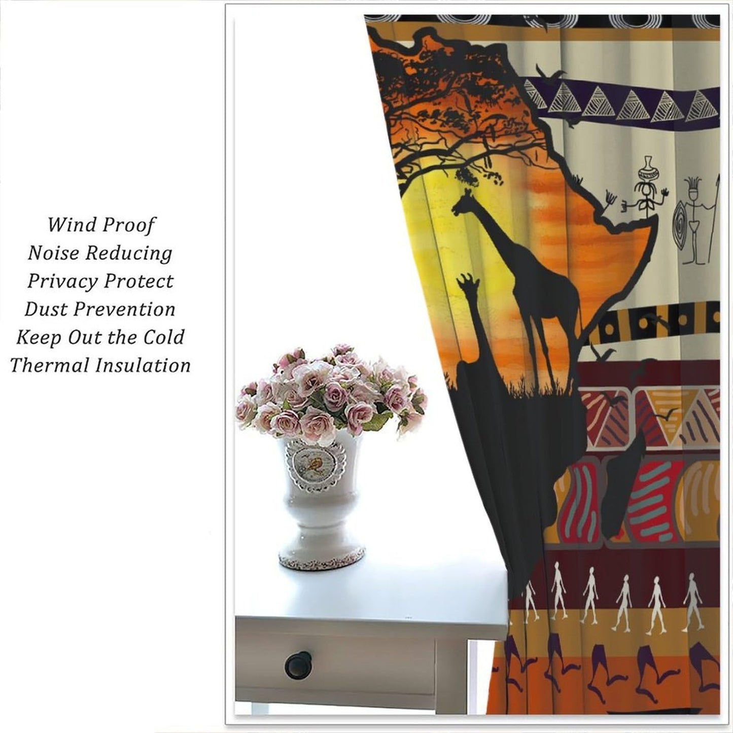 Fblifil African Woman Curtain Abstract Sunset Landscape Wild Life Geometric Printed Rod Pocket Window Treatments for Girls Bedroom Living Room Decor 42" W X 45" L