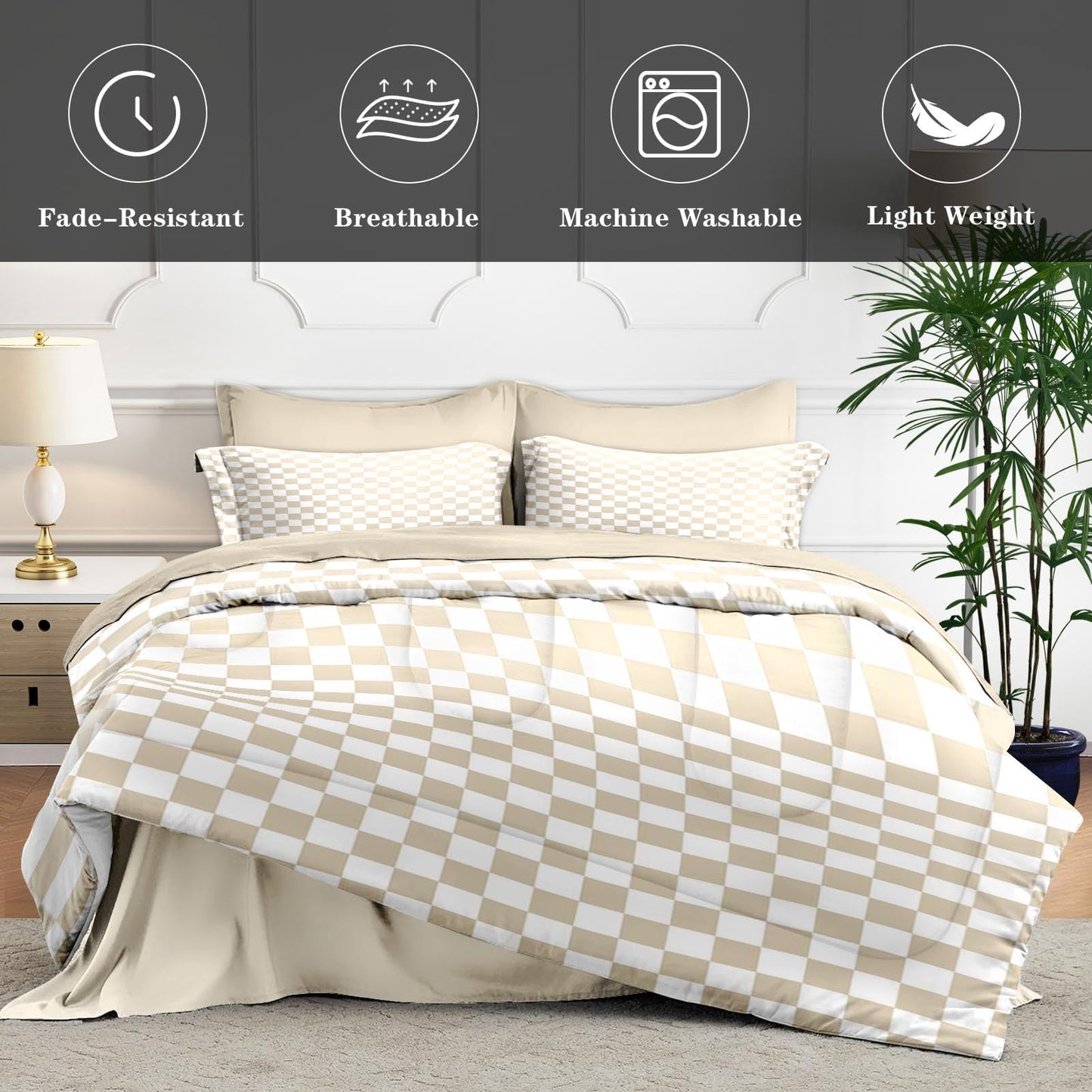 Nesphy Plaid Checkerboard Grid Geometric Beige Comforter Set 7 Pcs Full Size Quilt, Modern Checkered Op Art Soft Bedding Set with Flat and Fitted Sheet Pillowcases Sham for Adults Bedroom Bed Decor
