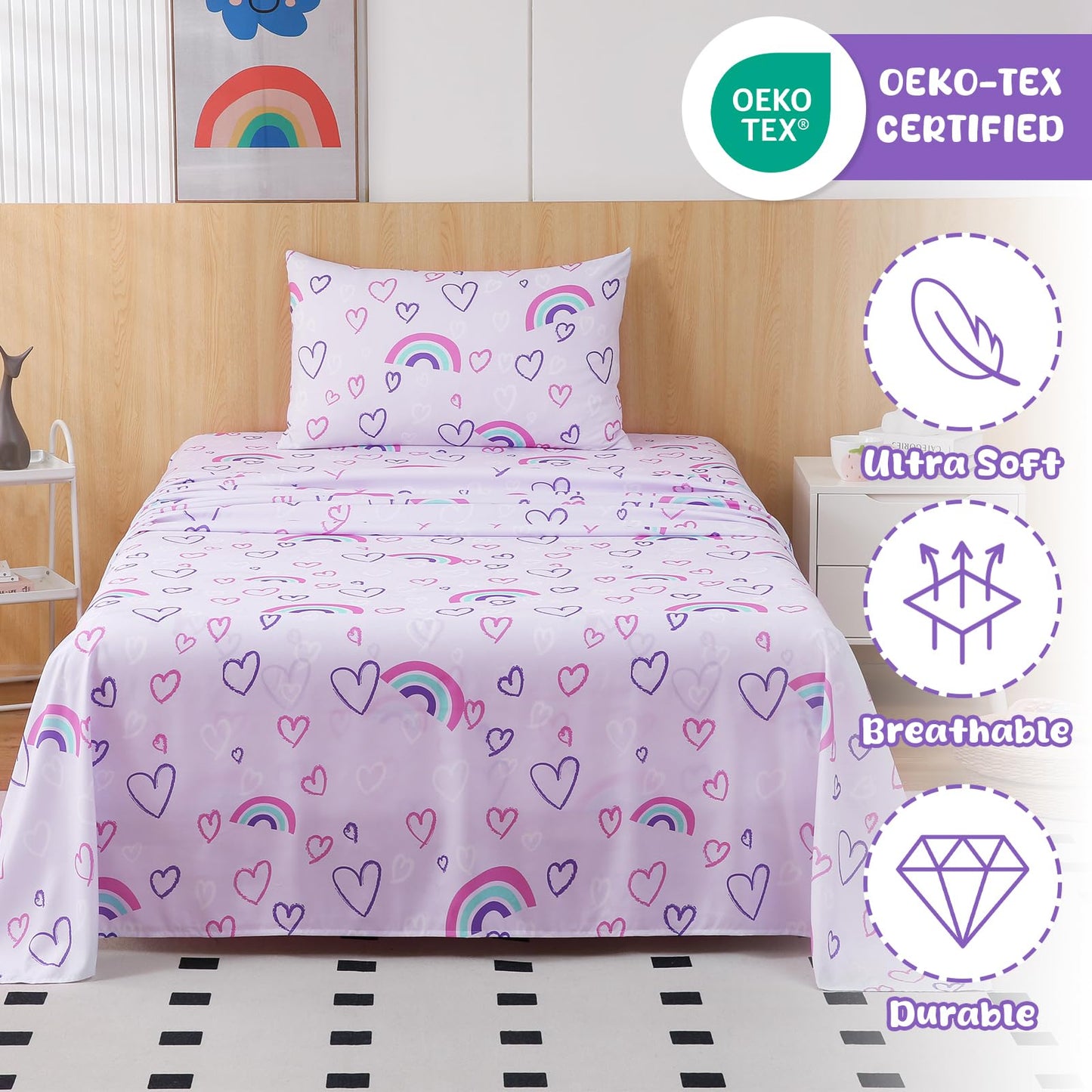 Swiftify Twin Sheet Set Kids, Rainbow Hearts Purple Sheets, 3-Piece Bed Sheet Set for Boys & Girls, Soft Brushed Microfiber Bedding, Deep Pocket, Wrinkle & Fade Resistant