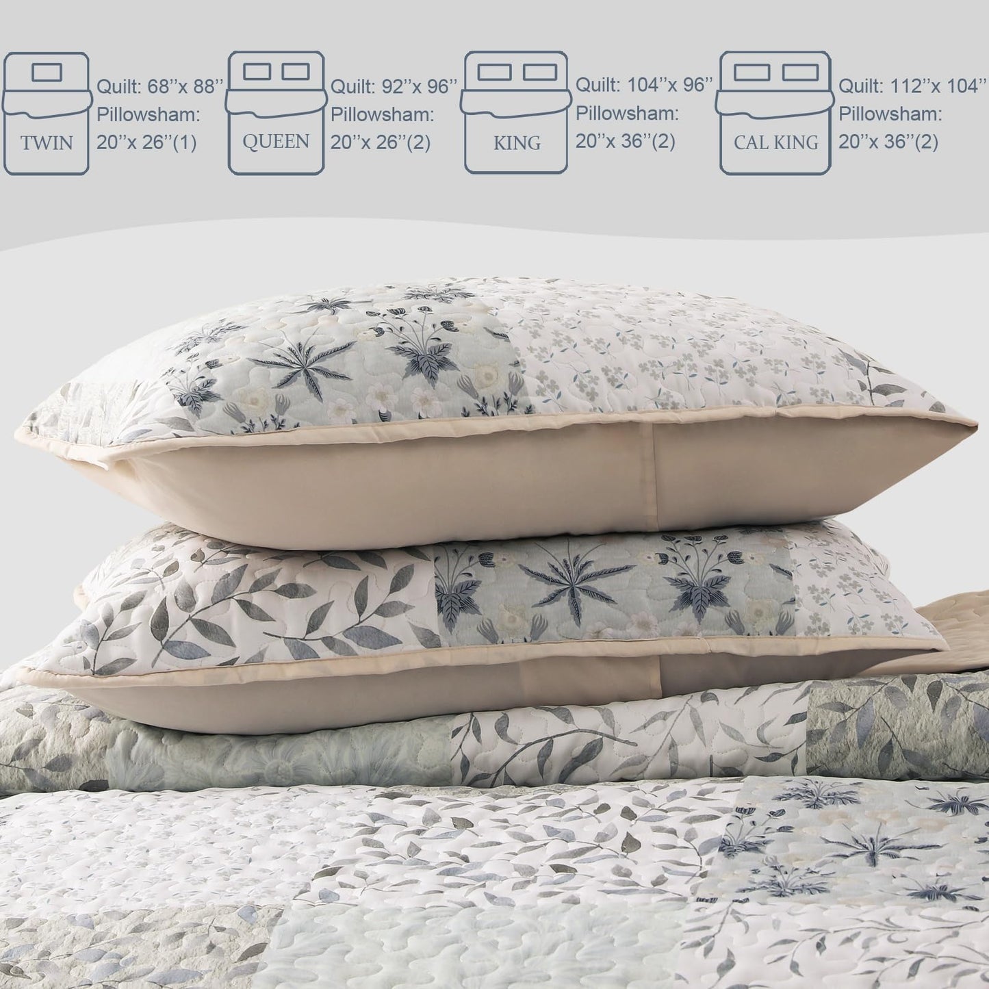 Exclusivo Mezcla Reversible Boho Quilts Queen Size, Gray Soft Bedspreads Lightweight Coverlet All Season Patchwork Quilt Bedding Set with Printed Floral Pattern (1 Quilt, 2 Pillow Shams)