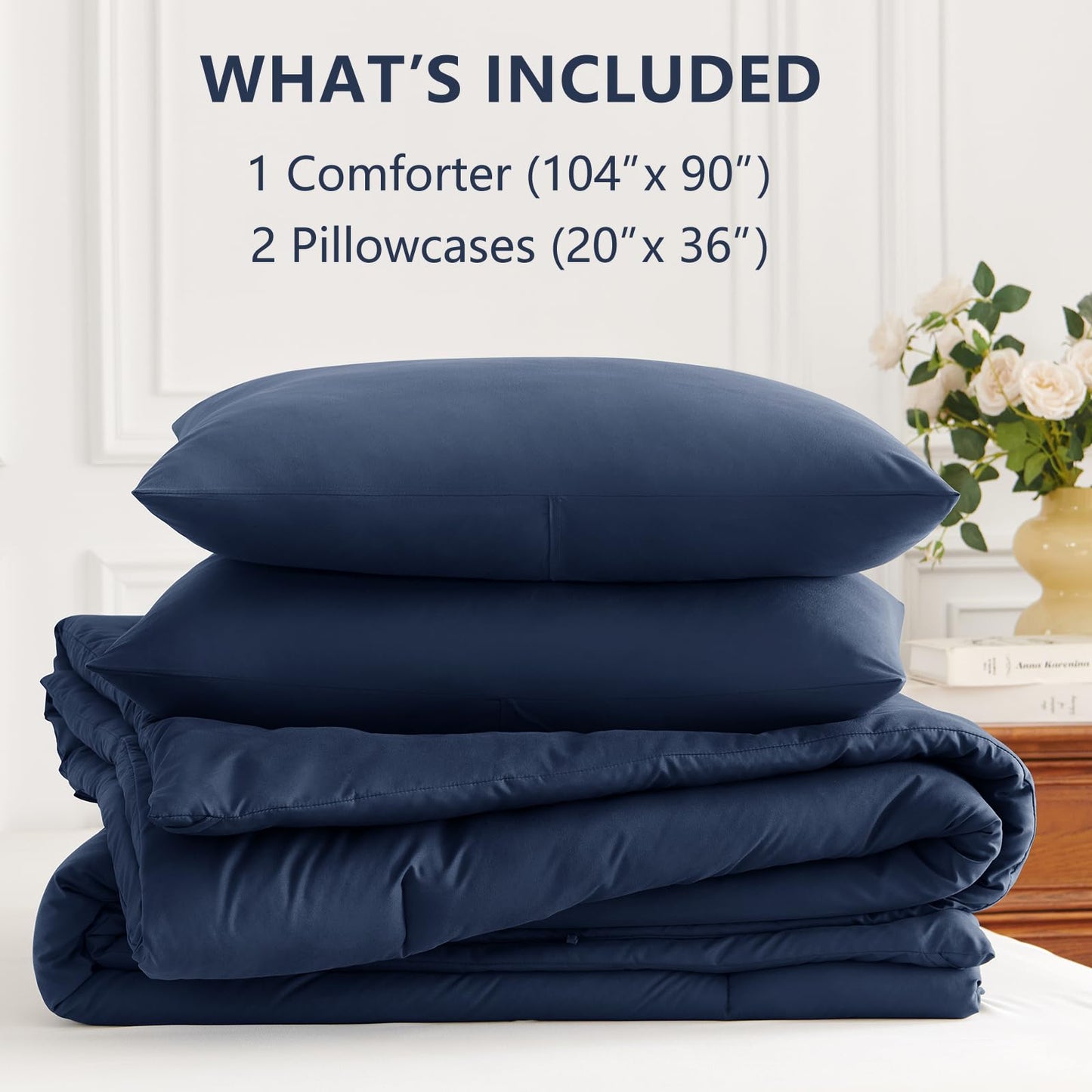 HIMEET King Comforter Set 3 Piece, 270GSM Down Alternative Fill, Oeko-TEX Certified, Quilted with 8 Corner Ties, All Season Bedroom Decor Bedding, 1 Comforter (104"x90") with 2 Pillowcases, Navy Blue