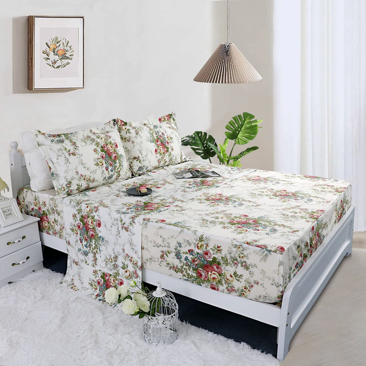 FADFAY Sheet Set Cal King Vintage Rose 100% Cotton Hypoallergenic White and Grey Deep Pocket Fitted Sheet 4-Pieces Cal King