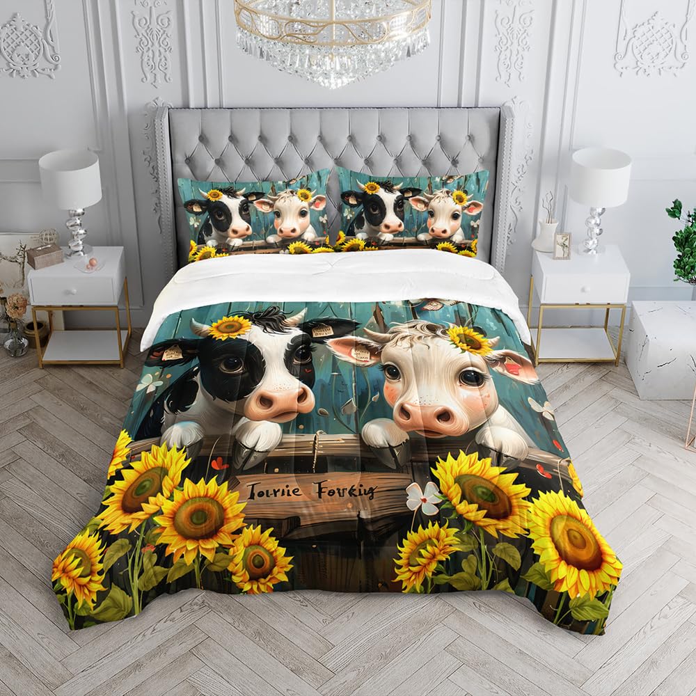 XYNHML Cute Cow Print Comforter Set Twin Size Sunflower Highland Cow Bedding Set Farm Animals Cow on Fence Quilt Bed Set with 1 Comforter and 2 Pillowcases for Kids Boys Girls Room Decor, D-cow2
