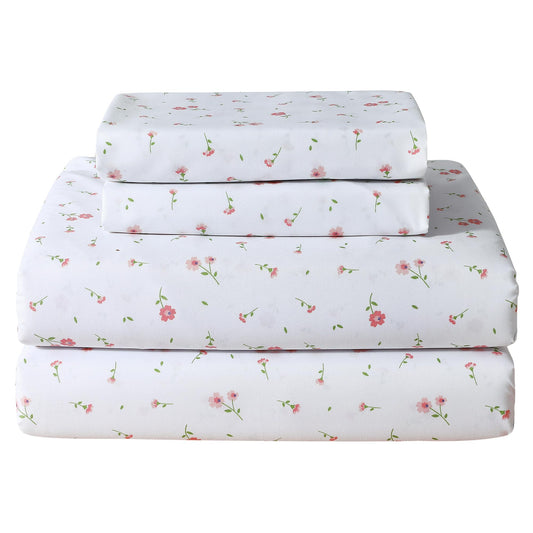 Softan Pink Floral Queen Sheet Set Flower Bed Sheets Queen Size - 4 Piece Microfiber Patterned Fitted Bed Sheets with 15" Deep Pocket, Cozy Cute Pink Flower Sheets and Pillowcase Set