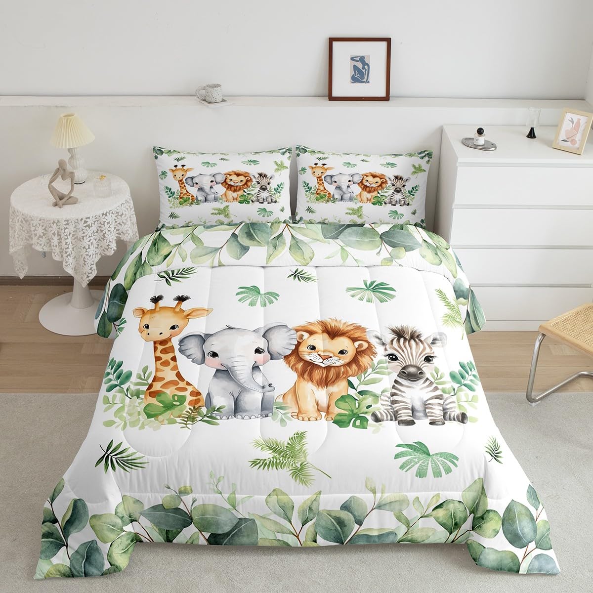 Erosebridal Jungle Animal Bedding Sets for Boys Nursery Giraffe Elephant Comforter Full Size for Kids Girls Baby Green Botanical Eucalyptus Palm Leaves Quilt Zebra Lion Safari Animal Duvet Insert