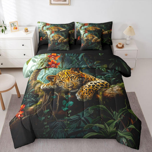 Feelyou Leopard Comforter Set with Sheets 7 Piece Queen Size Cheetah Print Bed in a Bag Kids Boys Girls Wild Animal Bedding Set Safari Bedroom Decor Breathable Soft Microfiber
