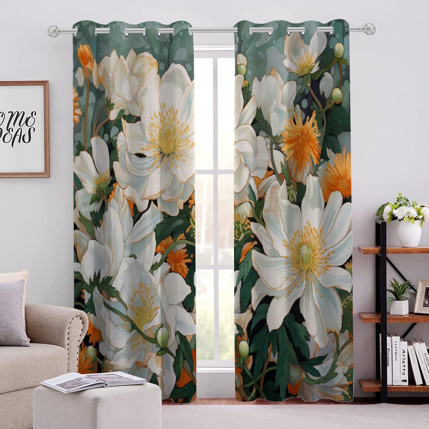 Abstract Elegant Flowers Blackout Curtains, Green Leaf Background 3D Print Pattern Curtain, 2 Panels Thermal Insulated Top Grommet Darkening Drapes for Living Room Bedroom(84" W x 84 "L)