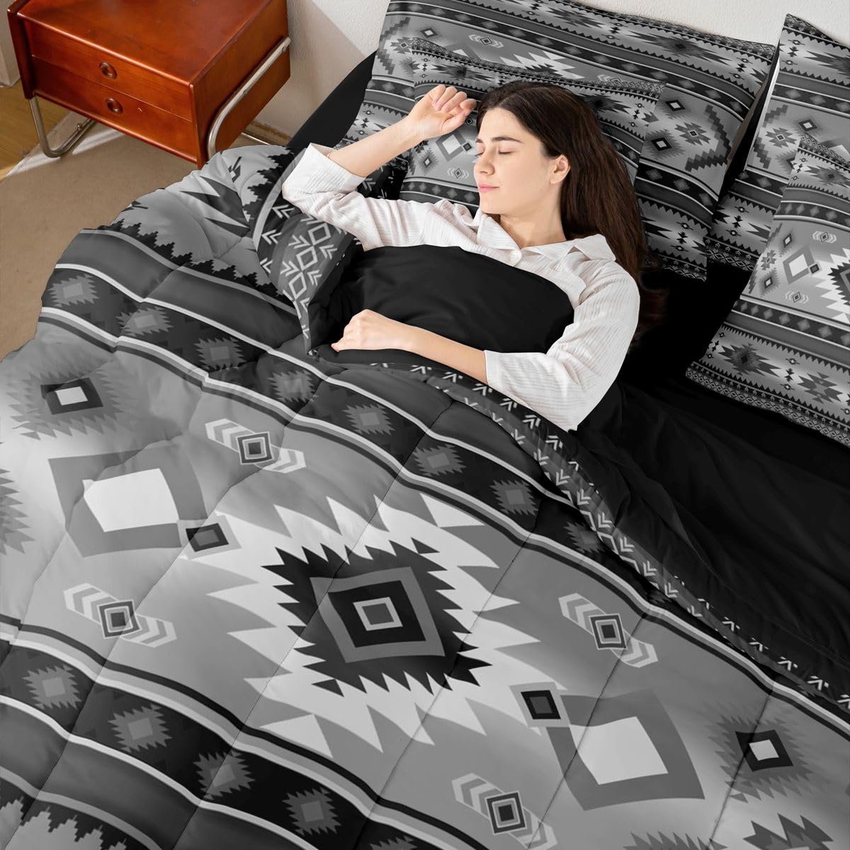 Erosebridal Cowboy Black Grey Aztec Geometric Full Comforter Set 7 Pieces | Cowgirl Farmhouse Bed in A Bag for Bedroom Tribal Southwestern Adults Bedding Set with Comforters Bohemian Room Decor