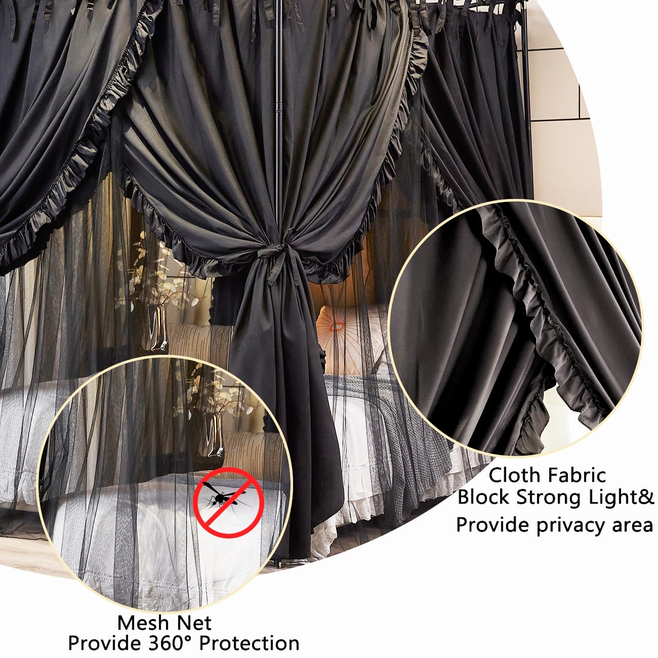 Akiky 4 Corners Post Canopy Bed Curtains Double Layer Cozy Drape Netting 4 Opening Mosquito Net Mesh for Girls Bedroom Decoration(Black,King)