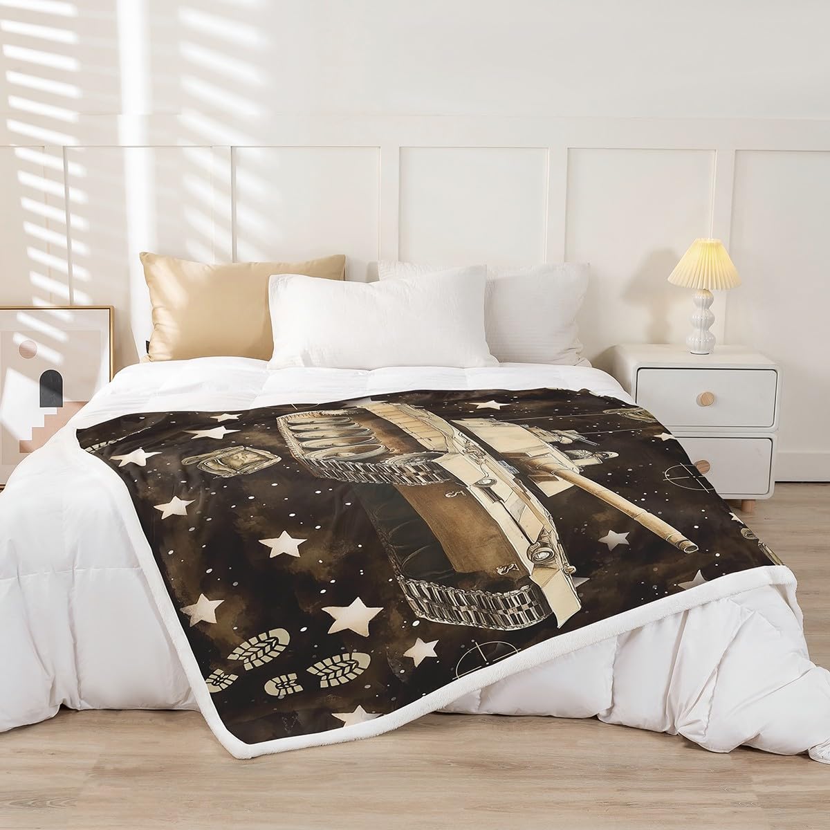 Army Tank Kids Throw Blanket,Camo Warship War Theme Bed Blanket for Boys Men,Tie-dye Graffiti Starry Sky Retro Camoflage Fleece Blanket,Brown Black Fuzzy Blanket,40 x 50 Inches