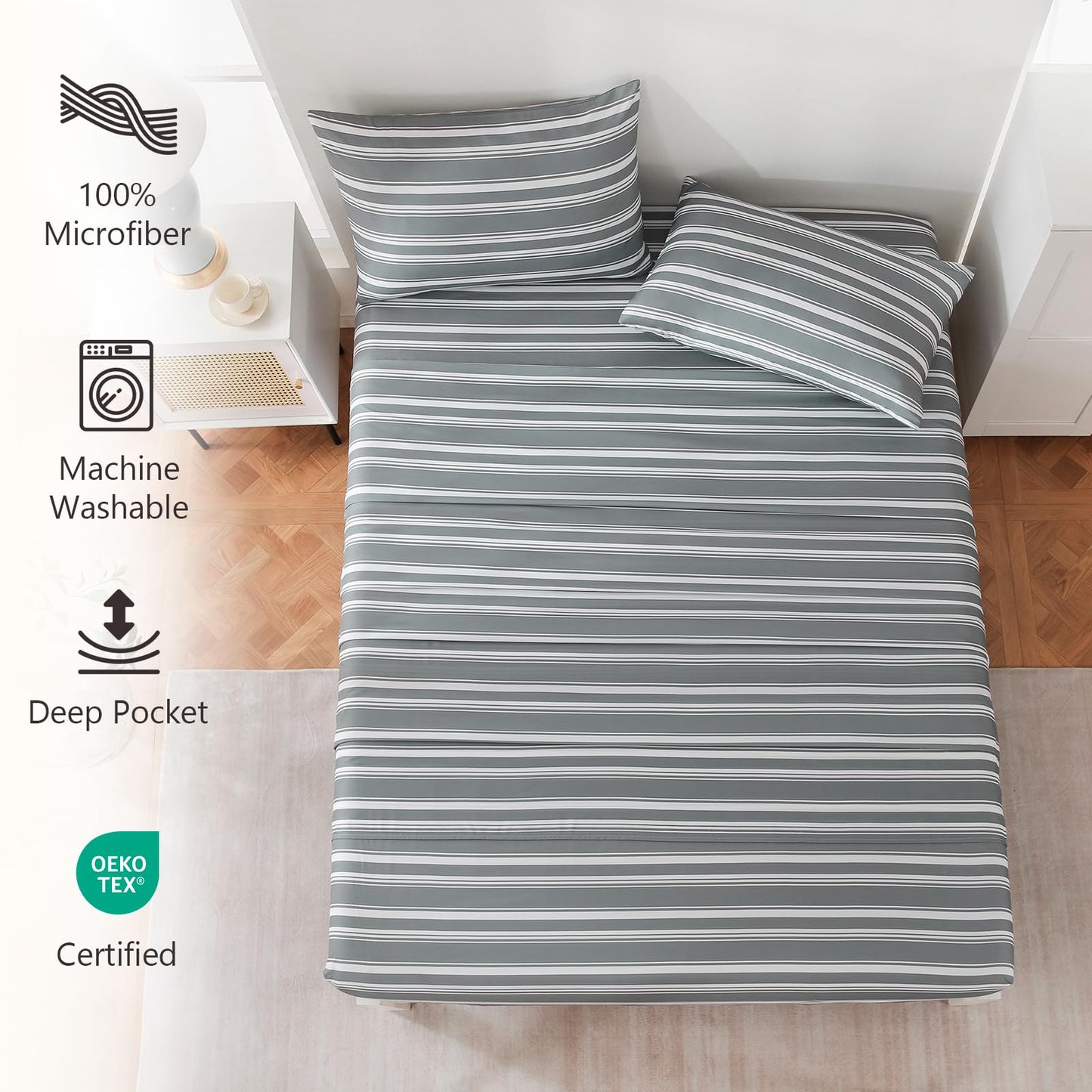 MCO 4Pieces Striped Sheets Set, Breathable King Sheet Set with 16" Deep Pocket,Modern & Luxury, Brushed Microfiber Bedding Set(King, Gray)