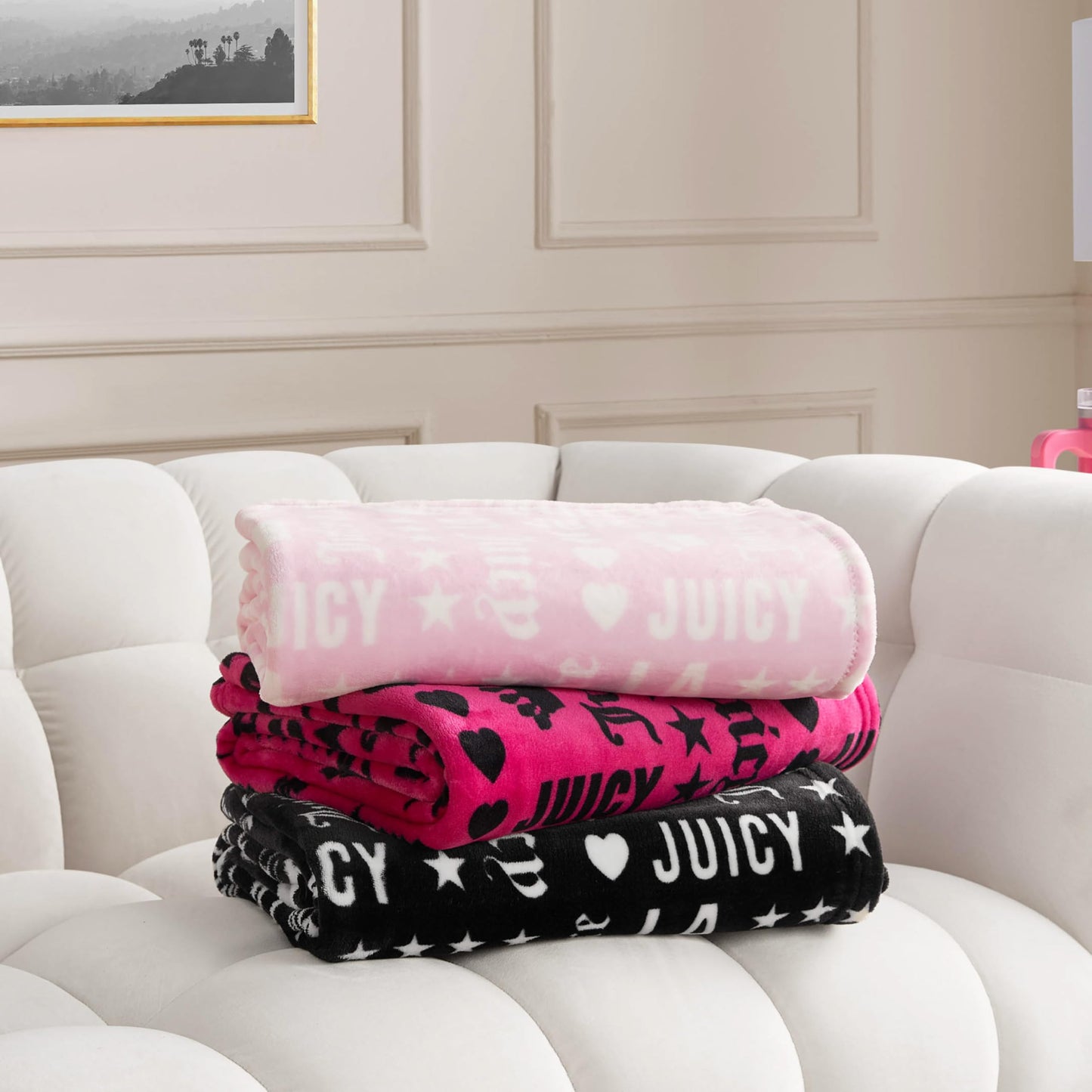 Juicy Couture Luxurious Throw Blanket for Couch - 50” x 70” Inches - Crown Royal Blanket - Plush & Cozy Throw Blanket - Decorative Blankets for Sofas, Throws for Chairs, and Beds – Pink/White