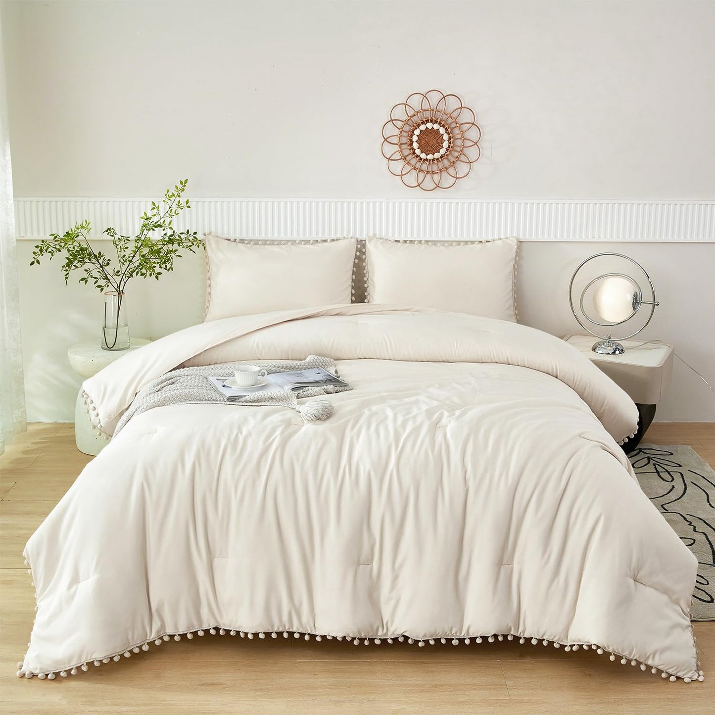 PERFEMET Girls Comforter Set Twin Size Beige Cream 5 Pieces Boho Pom Pom Bed in A Bag with Sheets Ultra Soft Lightweight Fluffy Beige Solid Bedding Set Matching 2 Pillowcases(Beige Cream, Twin)