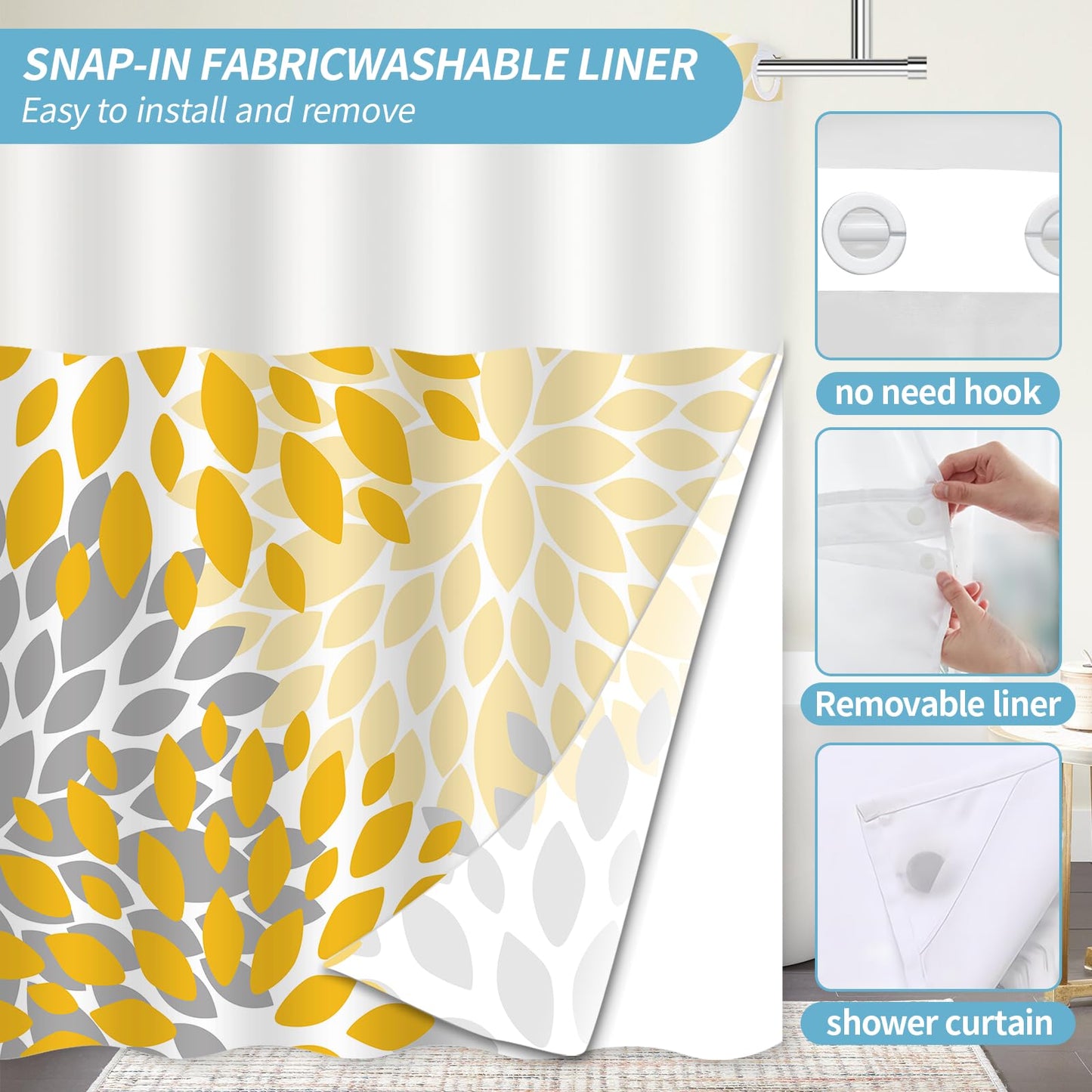 Mowxune No Hook Shower Curtain,Deluxe Yellow Dahlia Floral Shower Curtains for Bathroom,Hotel Style Aesthetic Decor,Gray Petal Pattern,Stylish Floral,with White Removable Liner,71x74 inches