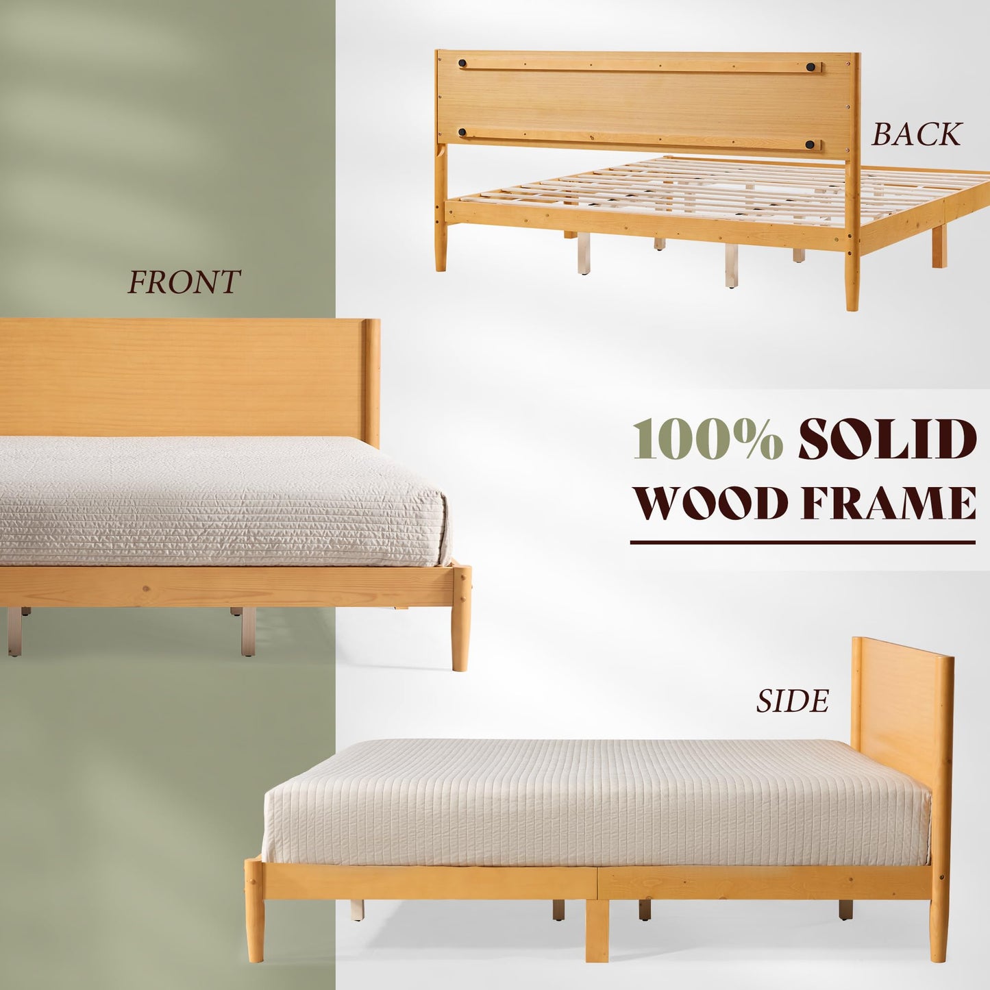 AMERLIFE Solid Wood Full Size Bed Frame, Mid Century Modern Platform Bed with Full Panel Headboard, Noise-Free & Cylindrical Legs, No Box Spring Needed, Under-Bed Storage, Natural Wood