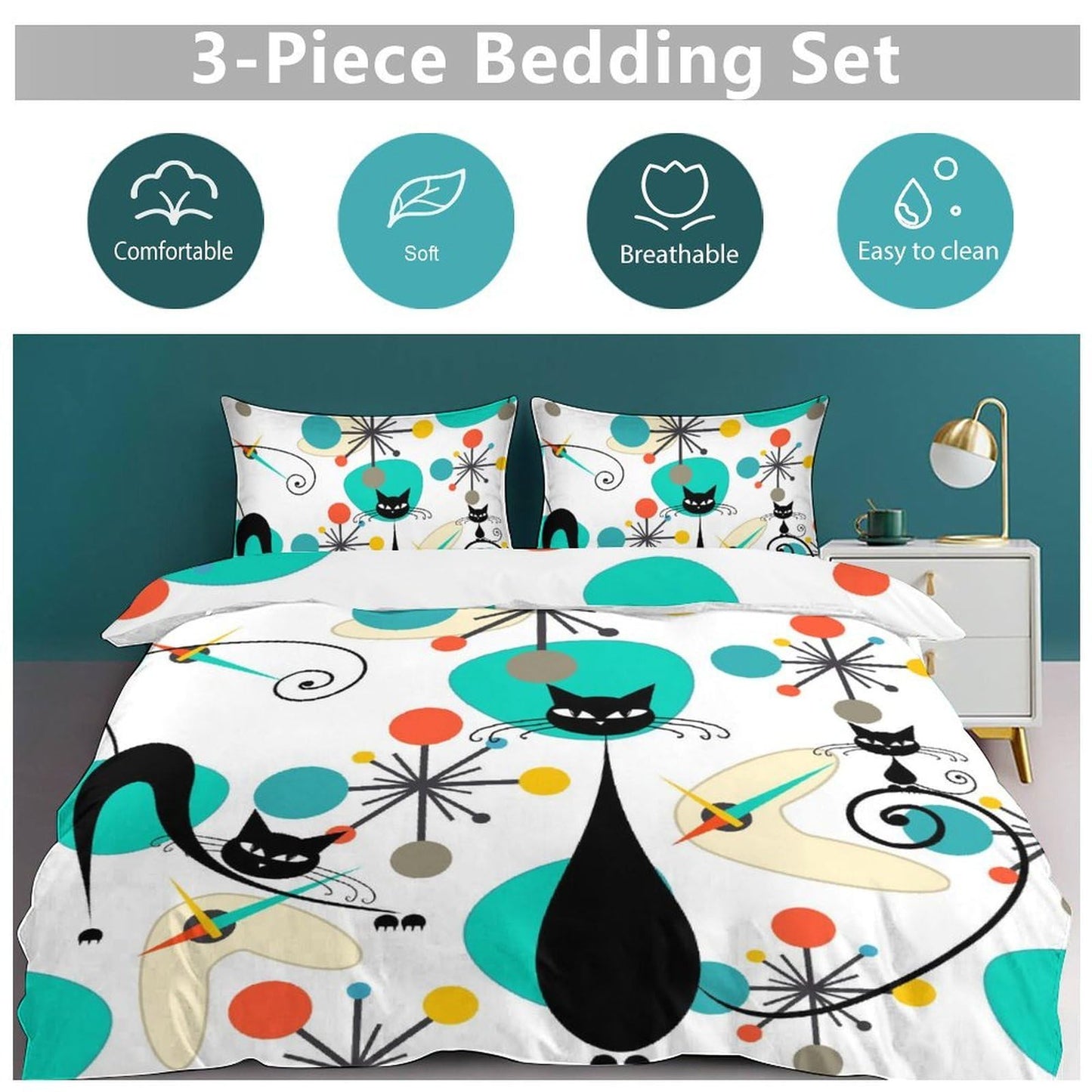Lnepty Mid Century Cat Bedding Set,Retro Black Cat Atomic Diamond Star Abstract Geometric Minimalist Simple Modern Comforter Set with Pillowcase for Bedroom Bed Decor，Twin 86"x70"