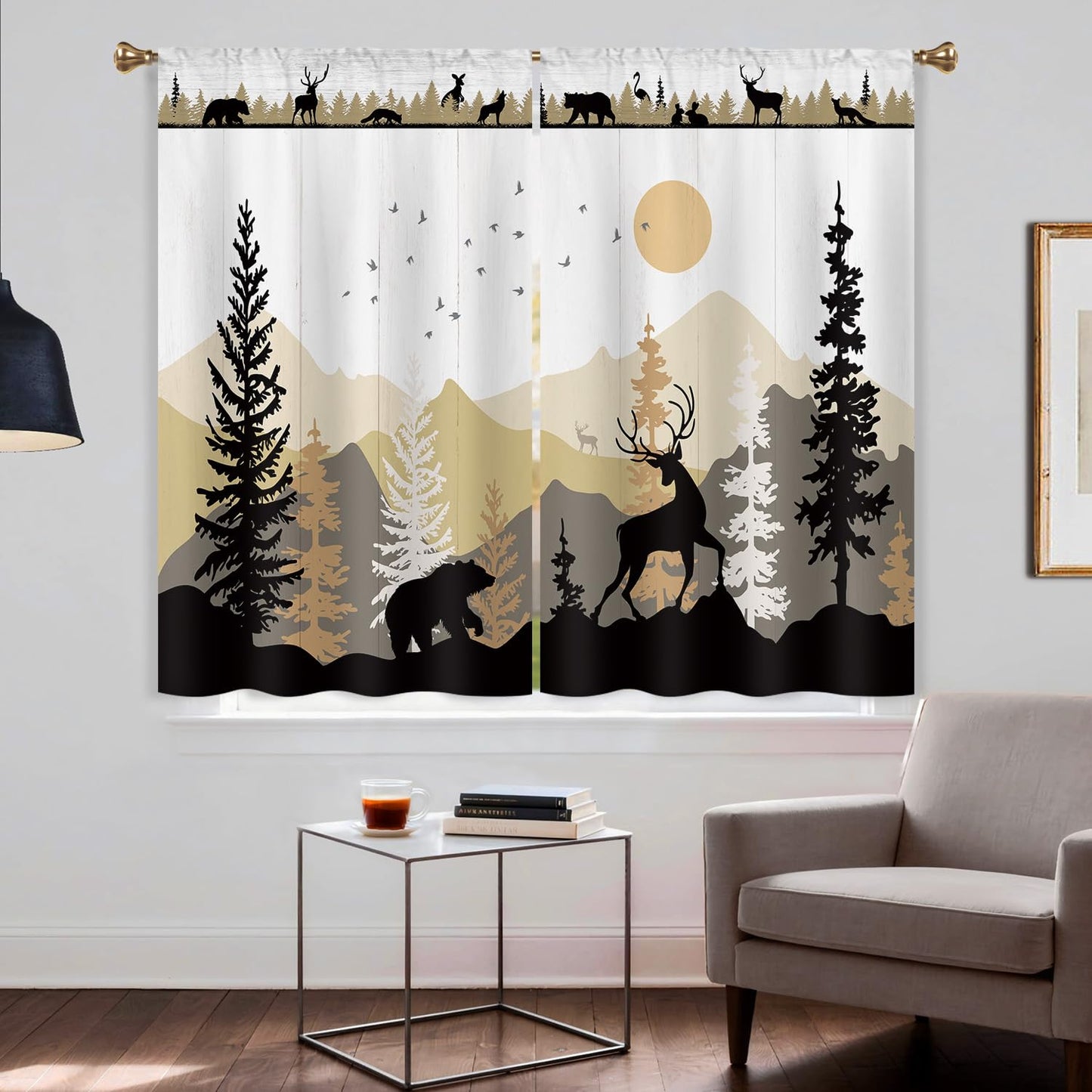 Cizuug Farmhouse Forest Cabin Kitchen Curtains Rustic Wooden Small Short Cafe Window Curtains Tree Country Deer Bear Rod Pocket Bathroom Window Drapes Treatment Tier Curtains 2 Panels (27.5x39 Inch)