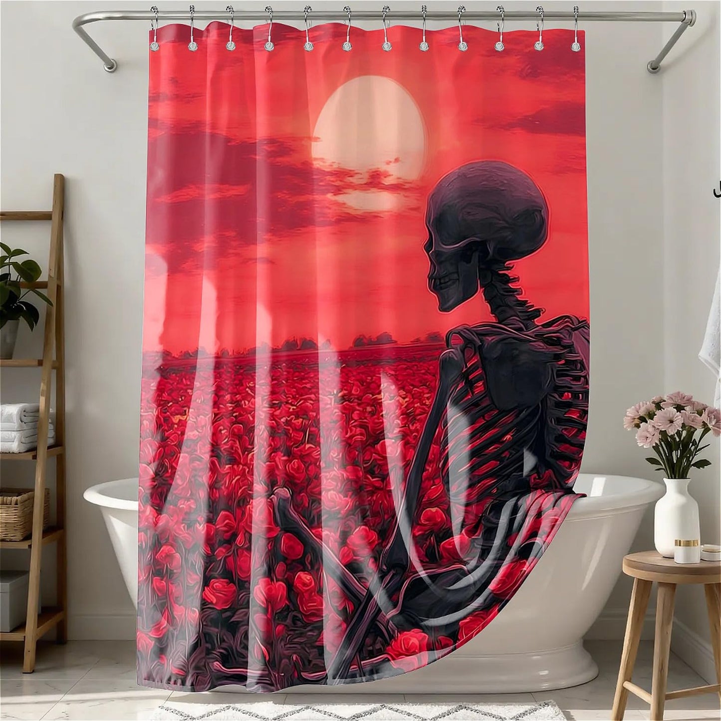 TANGXUNFA Solitary Skeleton Shower Curtain for Bathroom, Water-Resistant Long Shower Curtain Set 72x72 Inch with Metal Grommets and 12 Metal Hooks