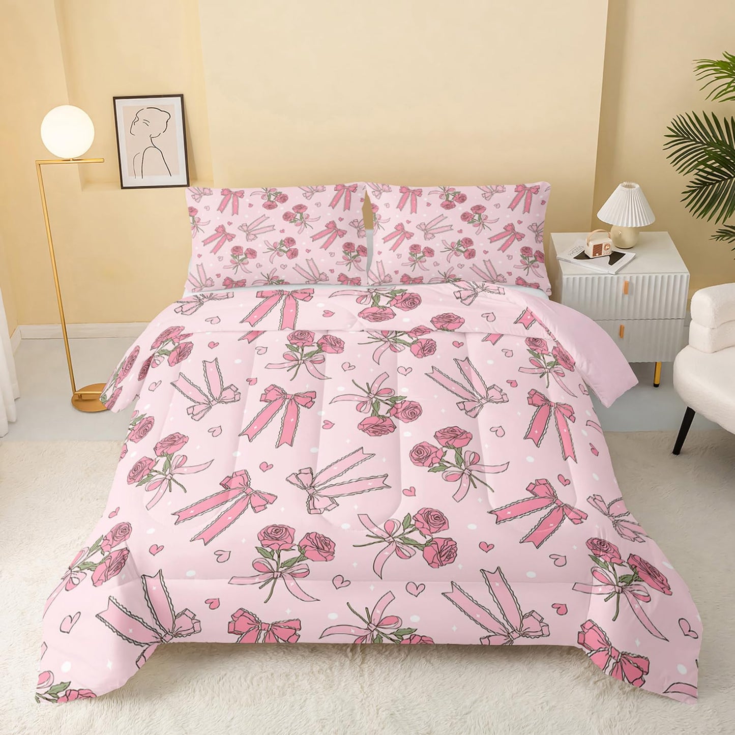 QOOMO 3Pcs Bow Comforter Set Twin,Pink Floral Bedding Set for Teens Boys Girls,Pink Bowknot Printed Comforter with 2 Pillowcases,Down Alternative,Soft and Lightweight