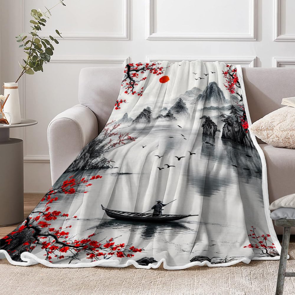 DYNH Japanese Cherry Blossom Blanket, Asian Nature Landscape Throw Blanket, Mountain Cherry Branches Red Sun Ink Painting Soft Warm Flannel Black White Grey Blanket,50X60