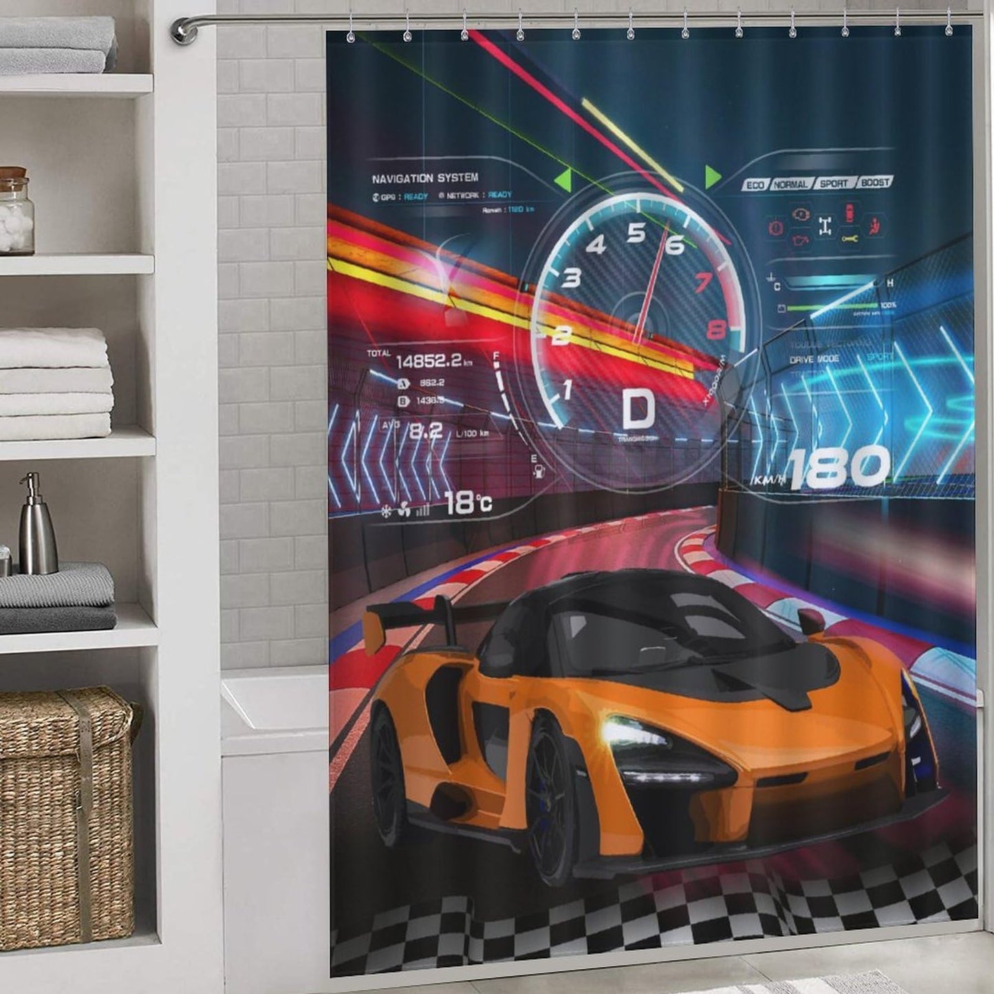 Kids Boys Race Shower Curtain for Bathroom, Extreme Sports Car Raing Theme Cool Game Waterproof Fabric Shower Curtain Set with Hooks, 72"x72" Inch