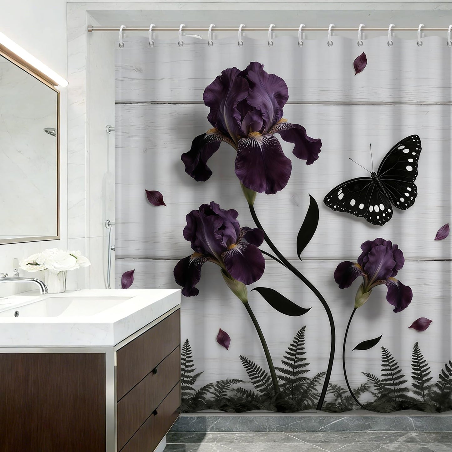 Xiazhilaio 71"x74" Floral & Butterfly Shower Curtain with Hooks – Moody Purple Flower & Botanical Print Waterproof Fabric Bath Curtain for Dark Academia Farmhouse Bathroom Decor