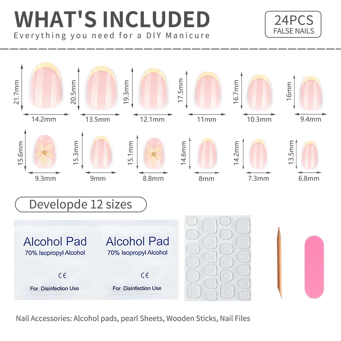 Short 3D Floral Oval Press‑On Nails — Short Oval Reusable Full‑Cover False Nails, Nude Pink Translucent Base, Cream French Tip, Salon‑Quality, Easy‑Apply Tabs, Ideal for Women & Girls
