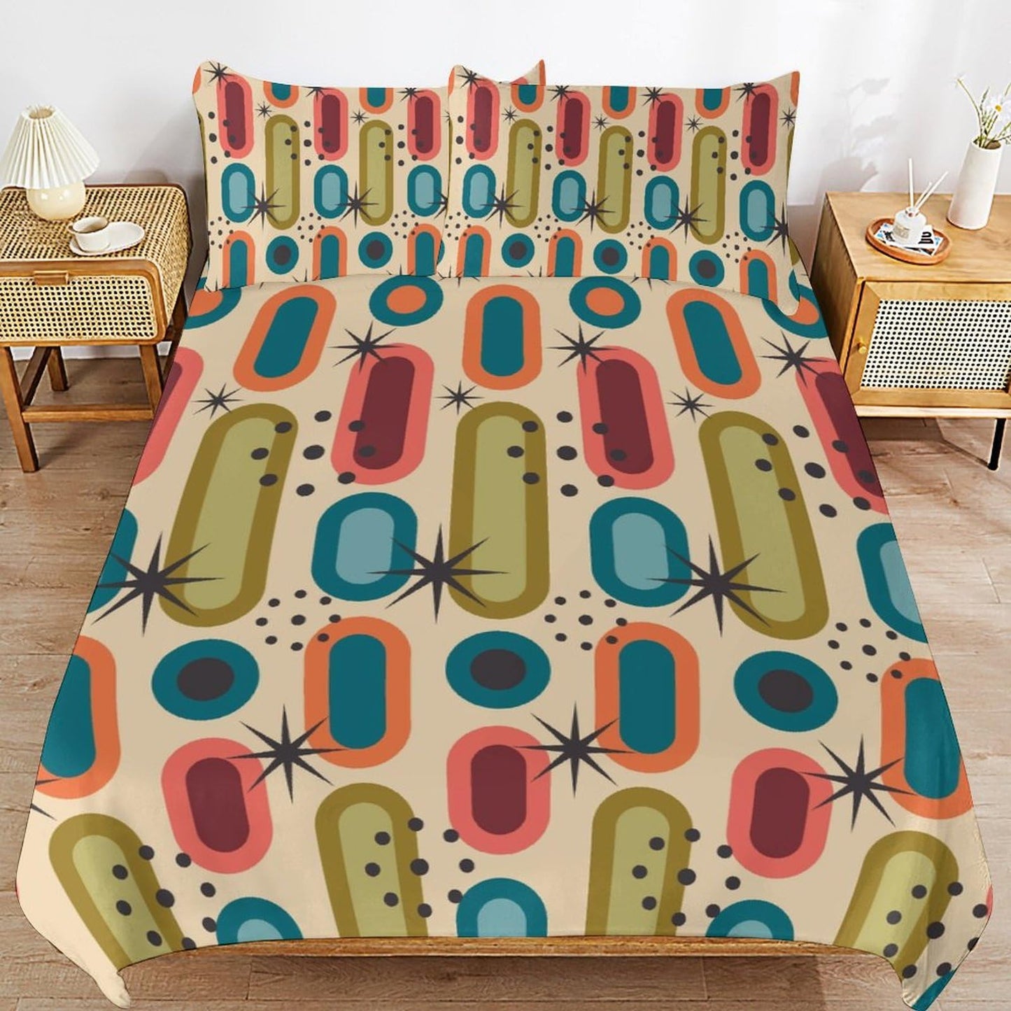 Colorful Aesthetic Comforter Cover Geometry Bed Set, Retro Atomic Duvet Cover，Modern Mid Century Bedding Sets，Aesthetic Abstract Art Bedding 3 Piece (1 Duvet Cover 86"x70" + 2 Pillow Sham 20"x30")