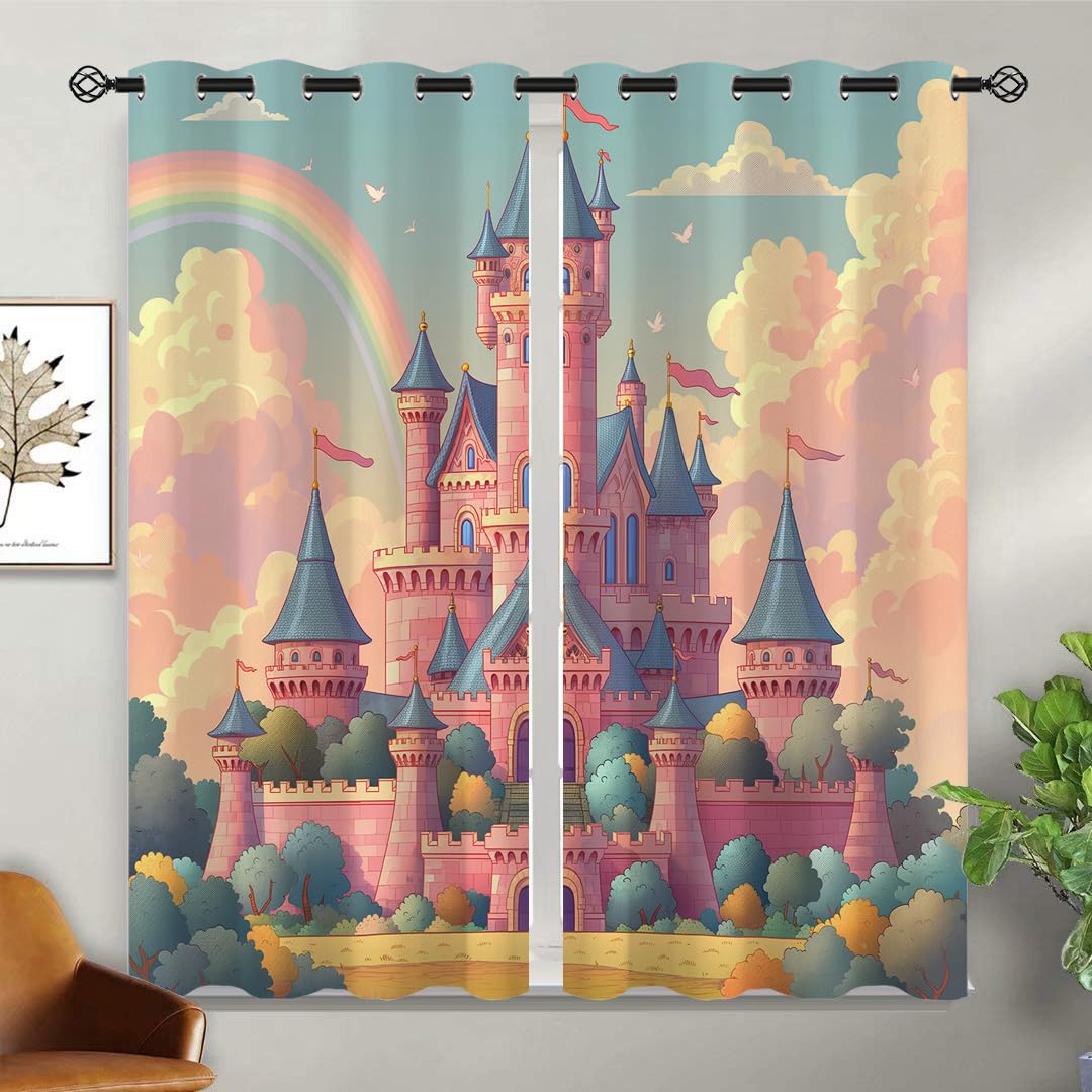 Fairy Tale World Castle Blackout Curtains for Girls Boy Home Decor, Cartoon Fantasy Rainbow Pink Grommet Thermal Insulated Drapes Darkening Window Curtain for Bedroom Living Room, 42 x 45 Inch