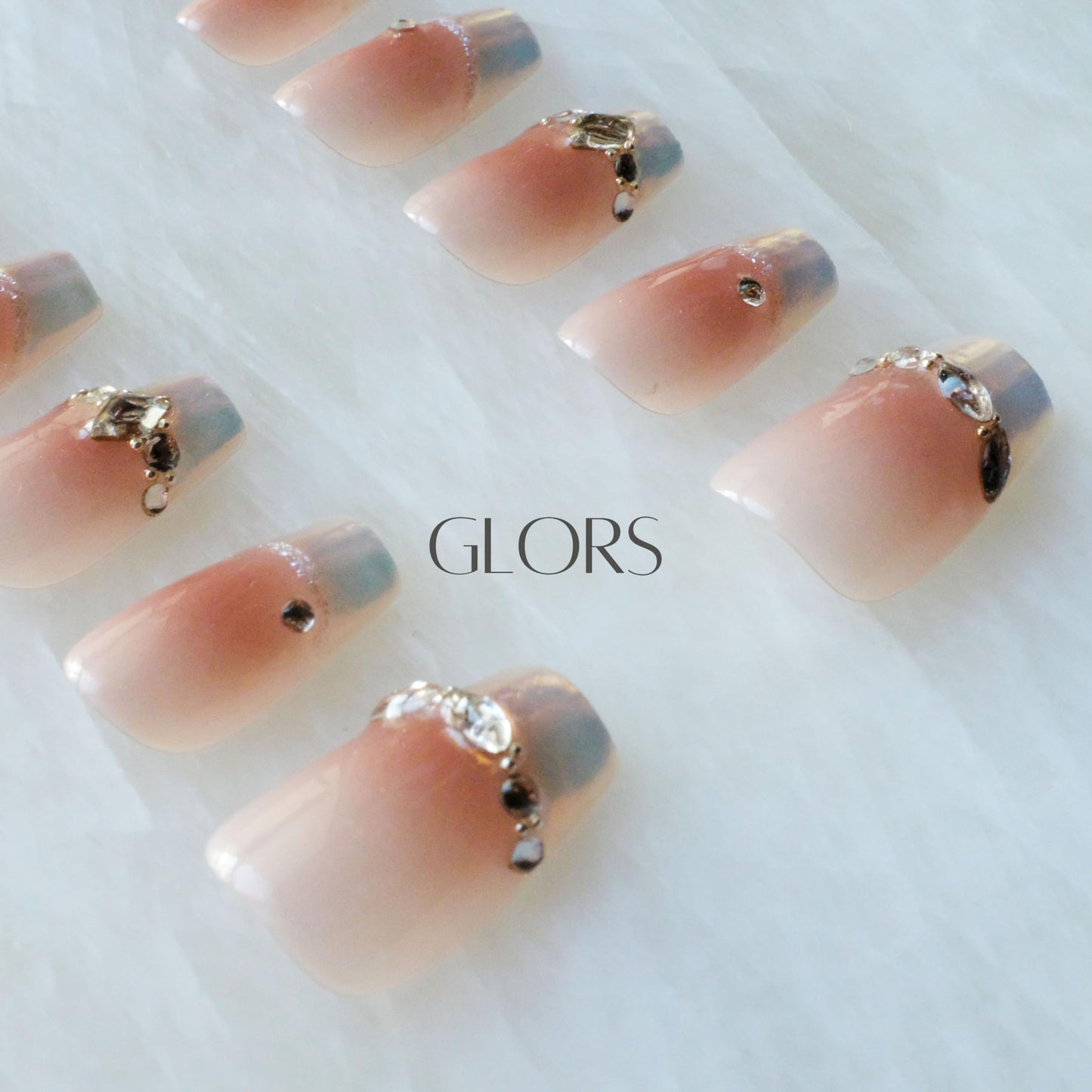 [GLORS] Purly Handmade Medium Ballerina Press on Nails | Moon Dream - French-style Pink Fake False Nail Tips with Diamond, 10 Pieces (Medium, MB)