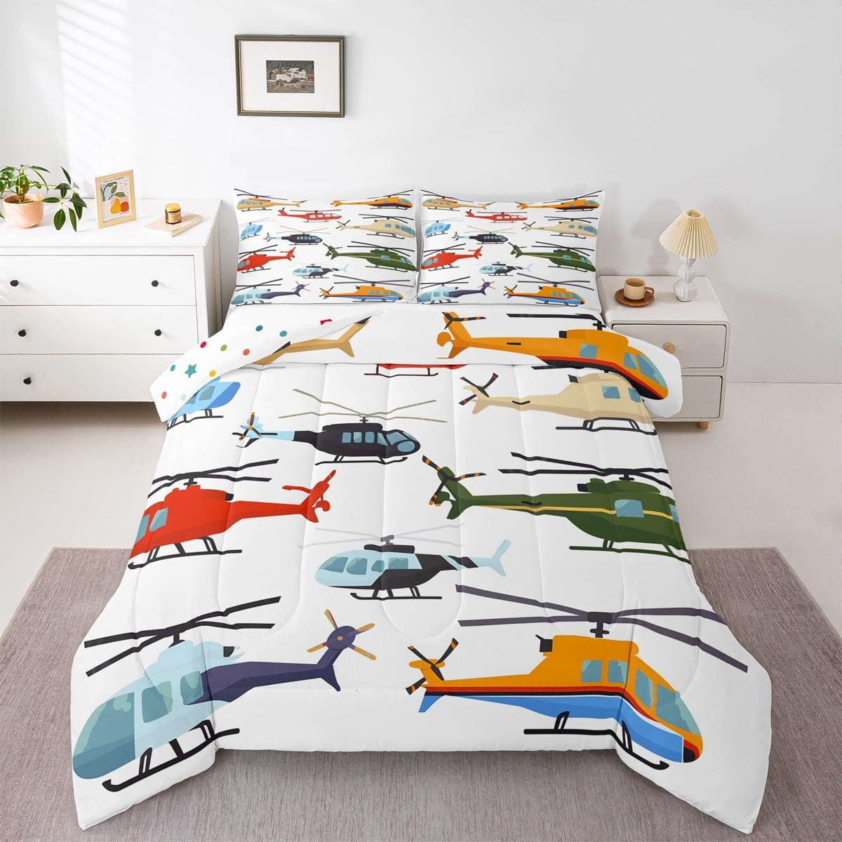 Aircraft Twin Size Comforter Set for Kids Boys - Airplane Duvet Insert and Pillow Case - White