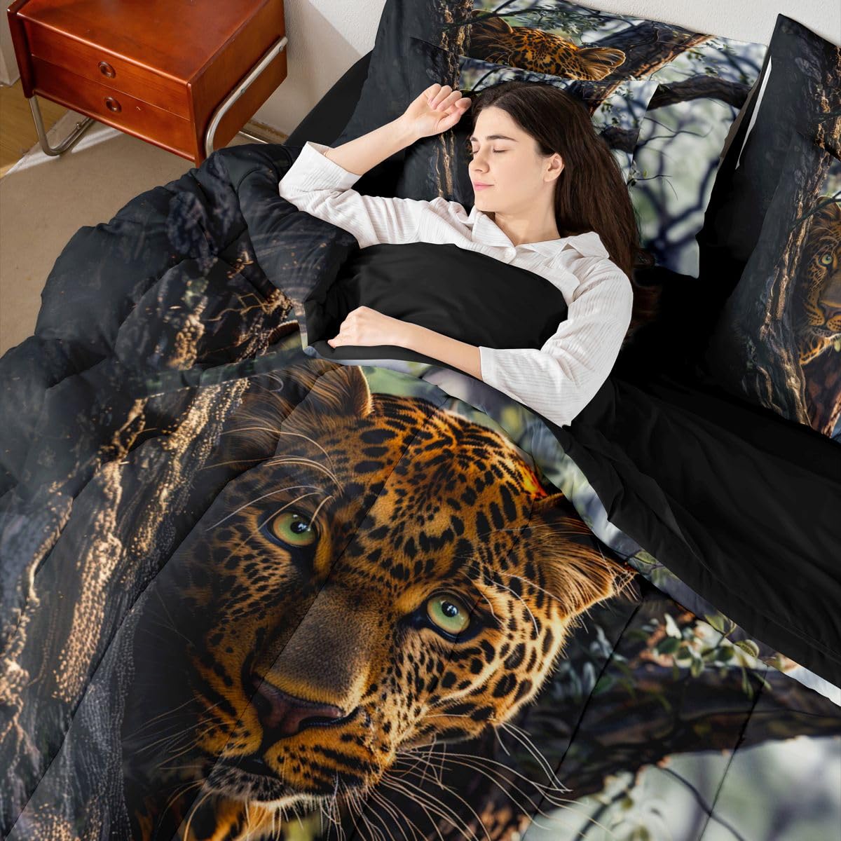 Feelyou Leopard Comforter Set Queen Size 7 Pieces Cheetah Print Bedding Set for Kids Boys Girls Wild Animal Bed in a Bag with Comforter, Sheets, Pillowcases, Cushion Covers Safari Quilted