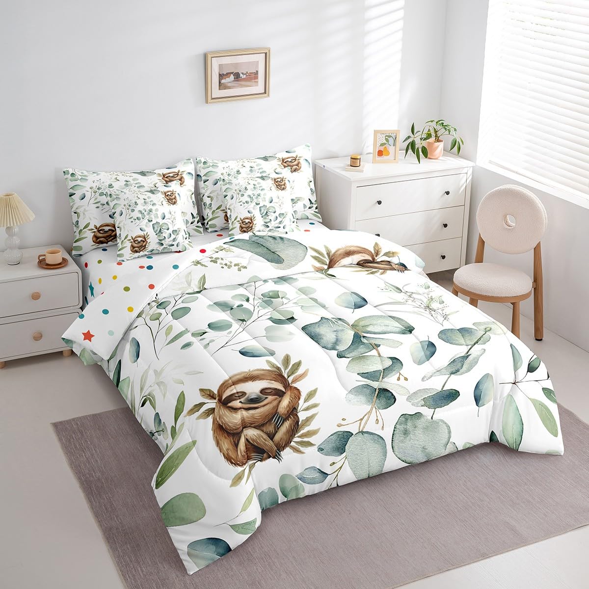 Erosebridal Girls Kawaii Animal Bedding Comforter Sets 7pcs Cute Sloth Bed in a Bag, Cartoon Wildlife King Bedding Sets Green Leaf Comforter Set, Spring Garden Plant Bedding Sets Kids Bedroom Decor