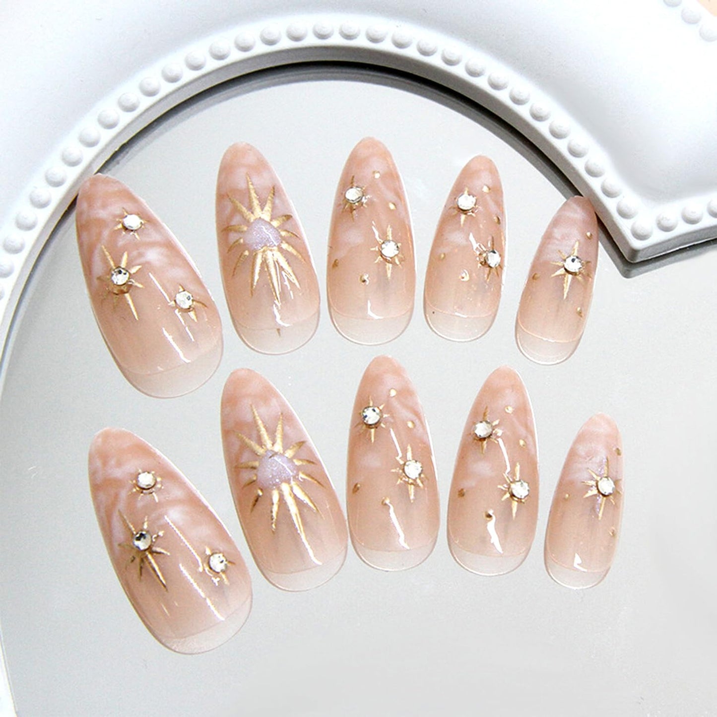 Gold Press on Nails Medium Almond Fake Nails with 3D Star Sun Heart Rhinestones Designs Gradient Glue on Nail Reusable Artificial Acrylic Full Cover Stick on False Nail for Women 24 Pcs