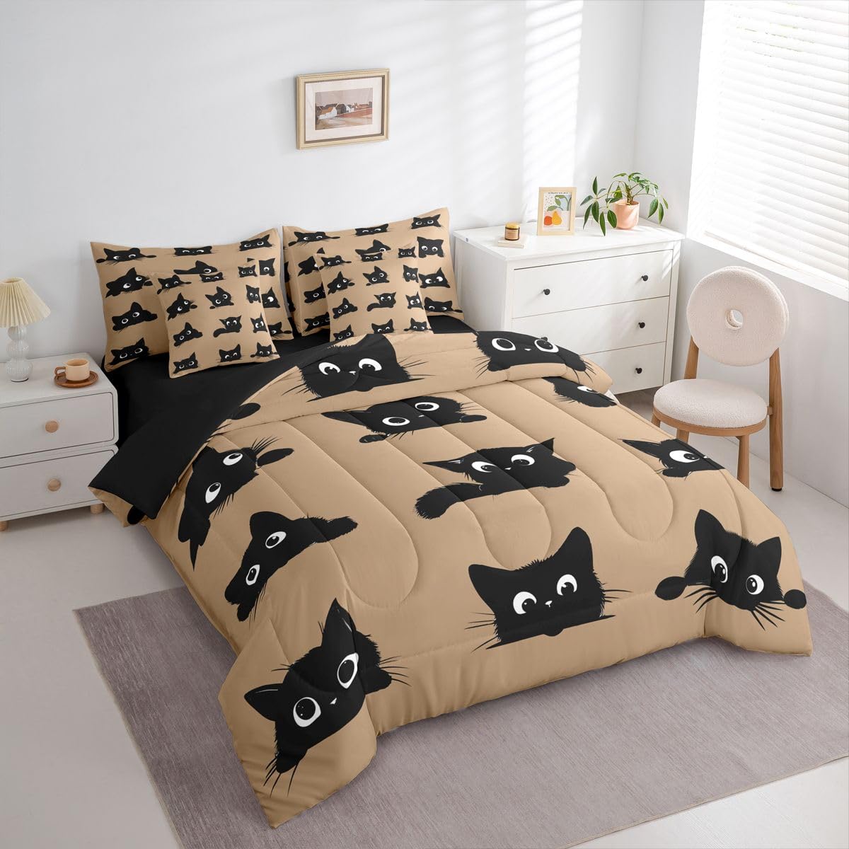 Erosebridal Cute Black Cats 7-Piece Bedding Set Full Size for Kids Boys Girls (Black and Khaki) - Funny Cats Bed in a Bag Cartoon Kitten Animal Comforter Set with Sheets Cute Cat Duvet Insert