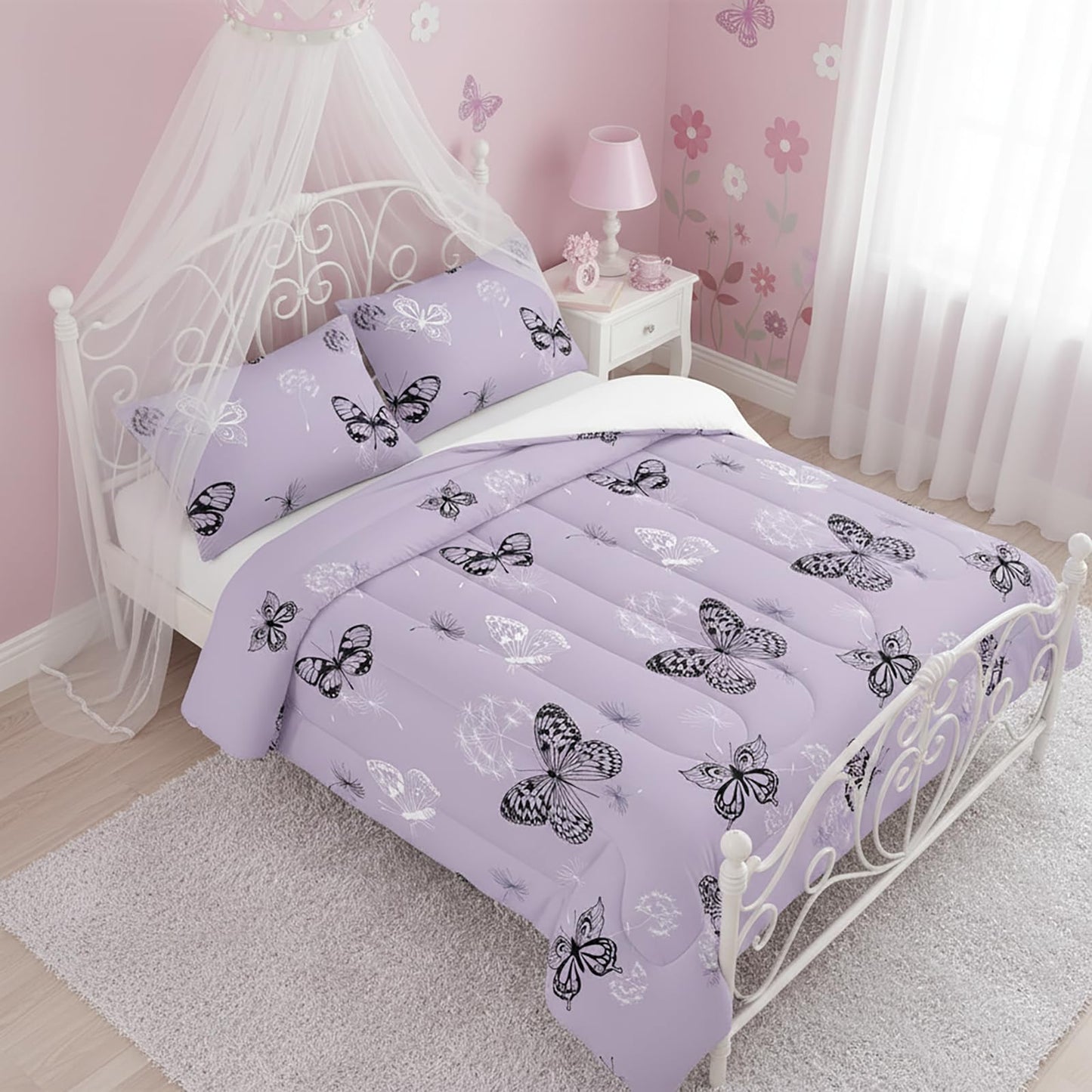 QOOMO 3Pcs Butterfly Comforter Set Twin,Purple Butterflies Bedding Set for Teens Boys Girls,Dandelion Butterflies Printed Comforter with 2 Pillowcases,Down Alternative,Soft and Lightweight