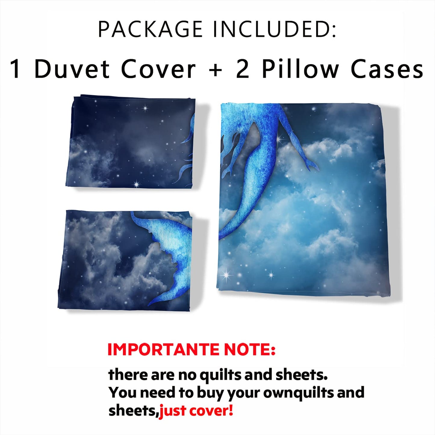 CVHOUSE Mermaid Duvet Cover Queen Size,Sky Cloud Bedding Set for Girls Kids Teens,Mermaid Comforter Cover,1 2 Pillowcases 3 Piece Queen 89'x89'