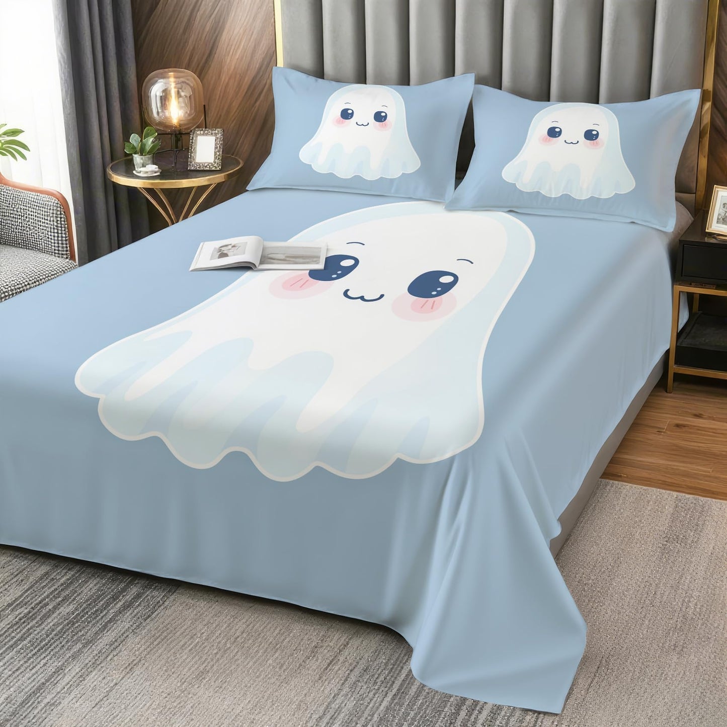 Cute Ghost Sheets Twin Size - Halloween Cartoon Kids Bed Sheet Set - Deep Pocket Soft Microfiber Bedding Set 3 Piece - Fitted Flat Sheet Pillowcase - Cute Ghost Bedroom Decor & Gifts