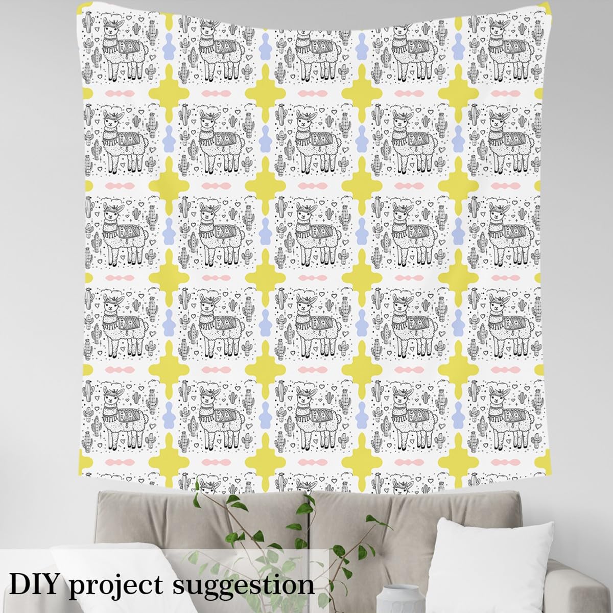 Cartoon Alpaca Fabric by The Yard Hand Drawn Style Cute Cactus No Stretch Fabric for Sewing Lovely Animal Hippie Graffiti Soft Flannel Polyester Fabric for DIY Home Accents 1 Yard Pre-Cut,36"x59"