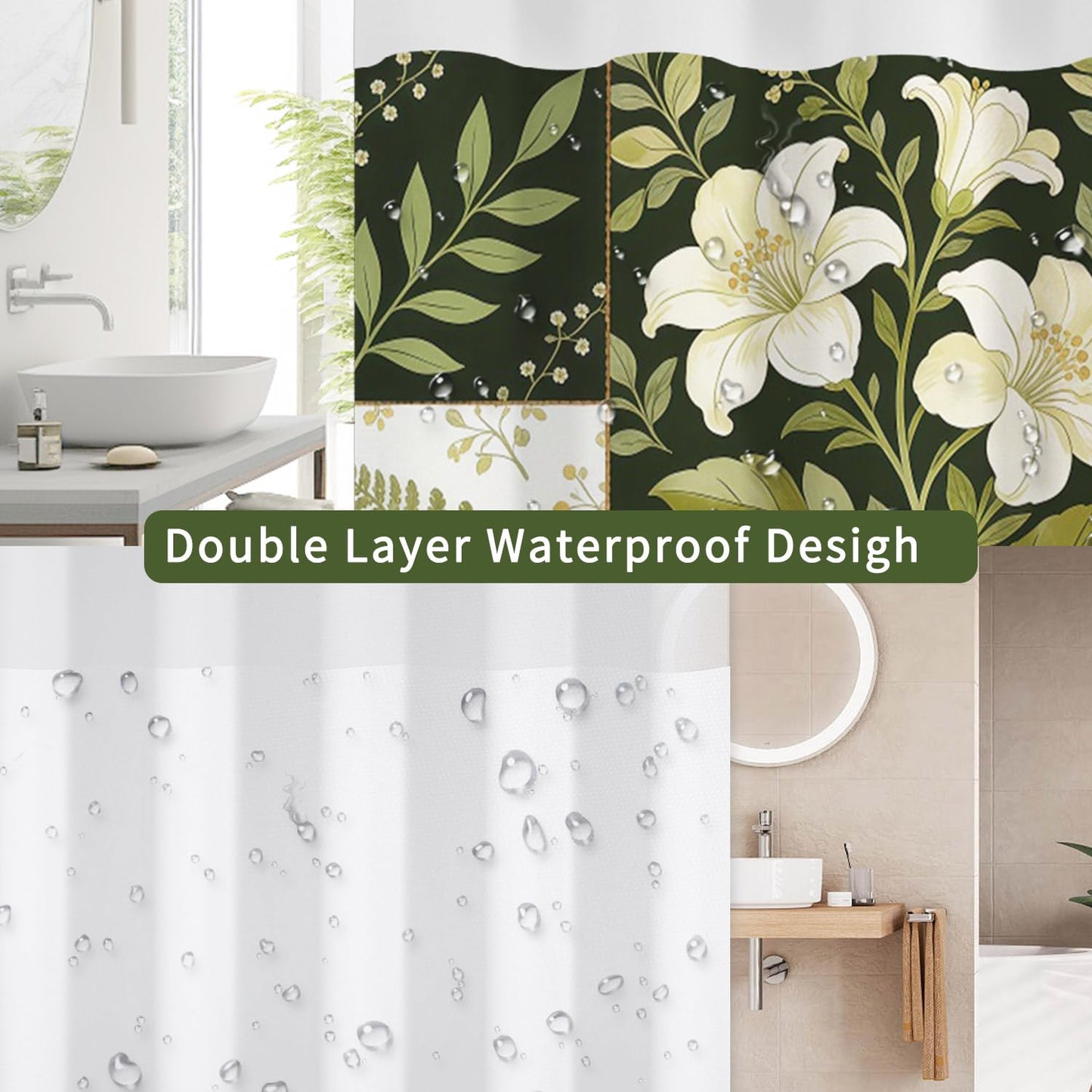 NAEMBCU Boho Floral No Hook Shower Curtain with Snap in Liner Set 71x74 in