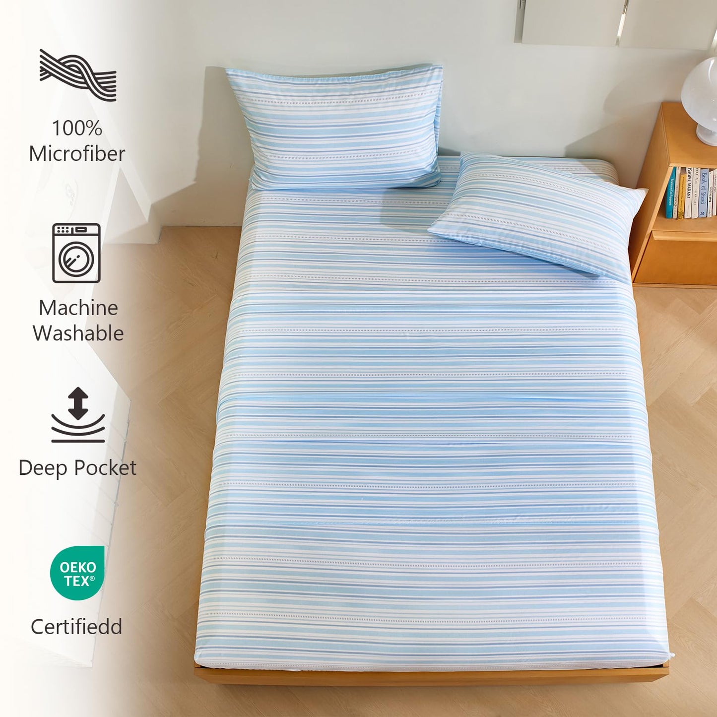 MCO 4Pieces Striped Sheets Set, Breathable King Sheet Set with 16" Deep Pocket,Modern & Luxury, Brushed Microfiber Bedding Set(King, Blue)
