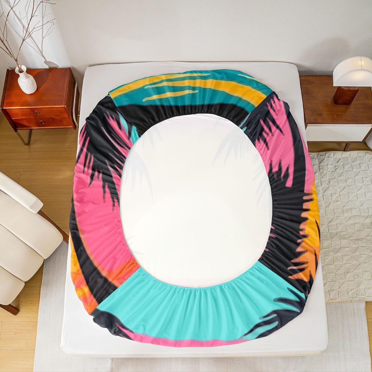 jejeloiu Beach Sunset Bedding Sheets Queen Size Palm Tree Bed Sheet Set for Kids Boys Girls Ocean Beach Fitted Sheet Blue Pink Yellow Bed Cover 3Pcs,1 Fitted Sheet+2 Pillow Sham（No Flat Sheet）