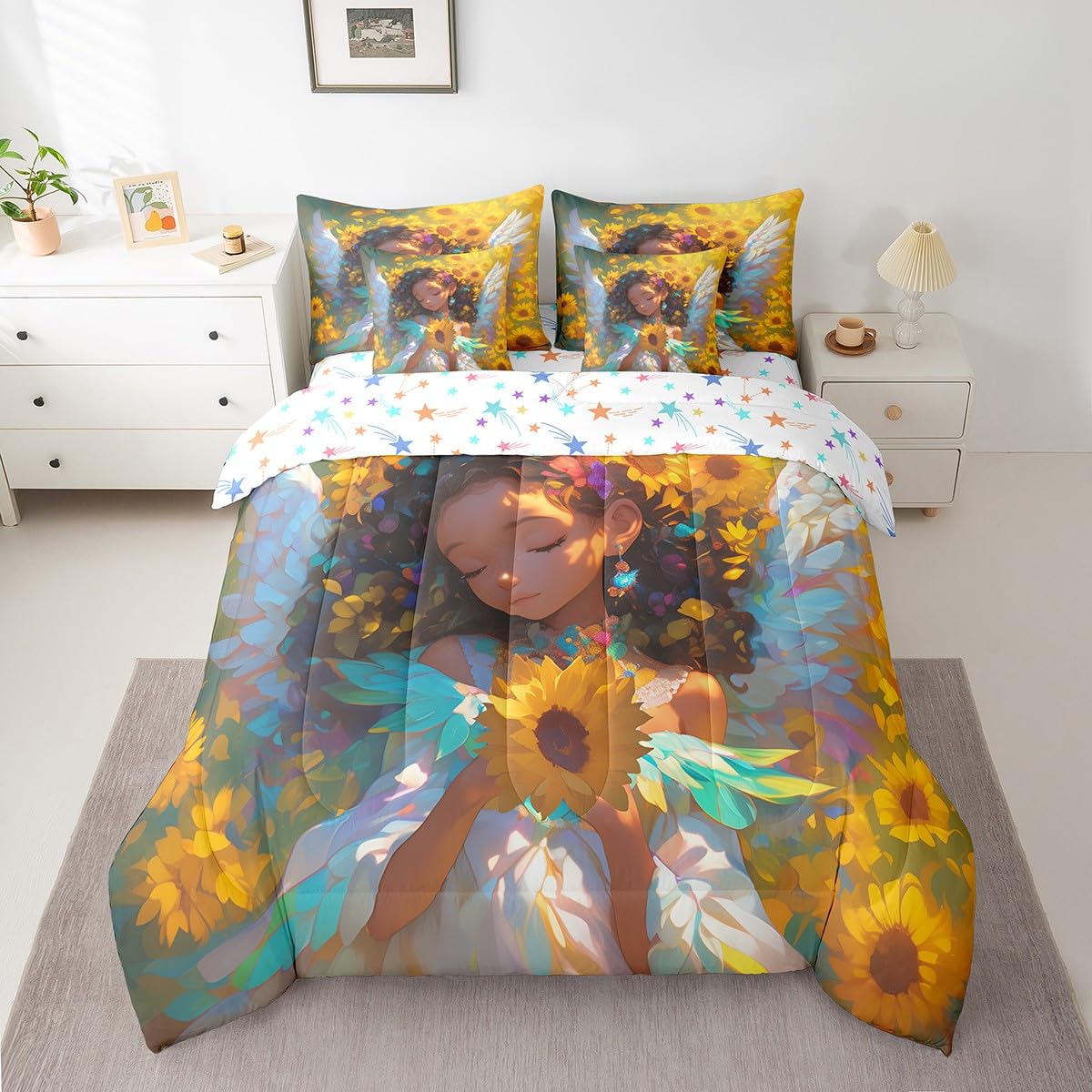 Castle Fairy Dreamy Angel Comforter Set 7 Pieces Twin Size,American Style Cute Girl Bedding Set for Kids,Spring Theme Sunflower (Comforter+Fitted+Flat Sheet+2 Pillowcases+2 Throw Pillow Covers)