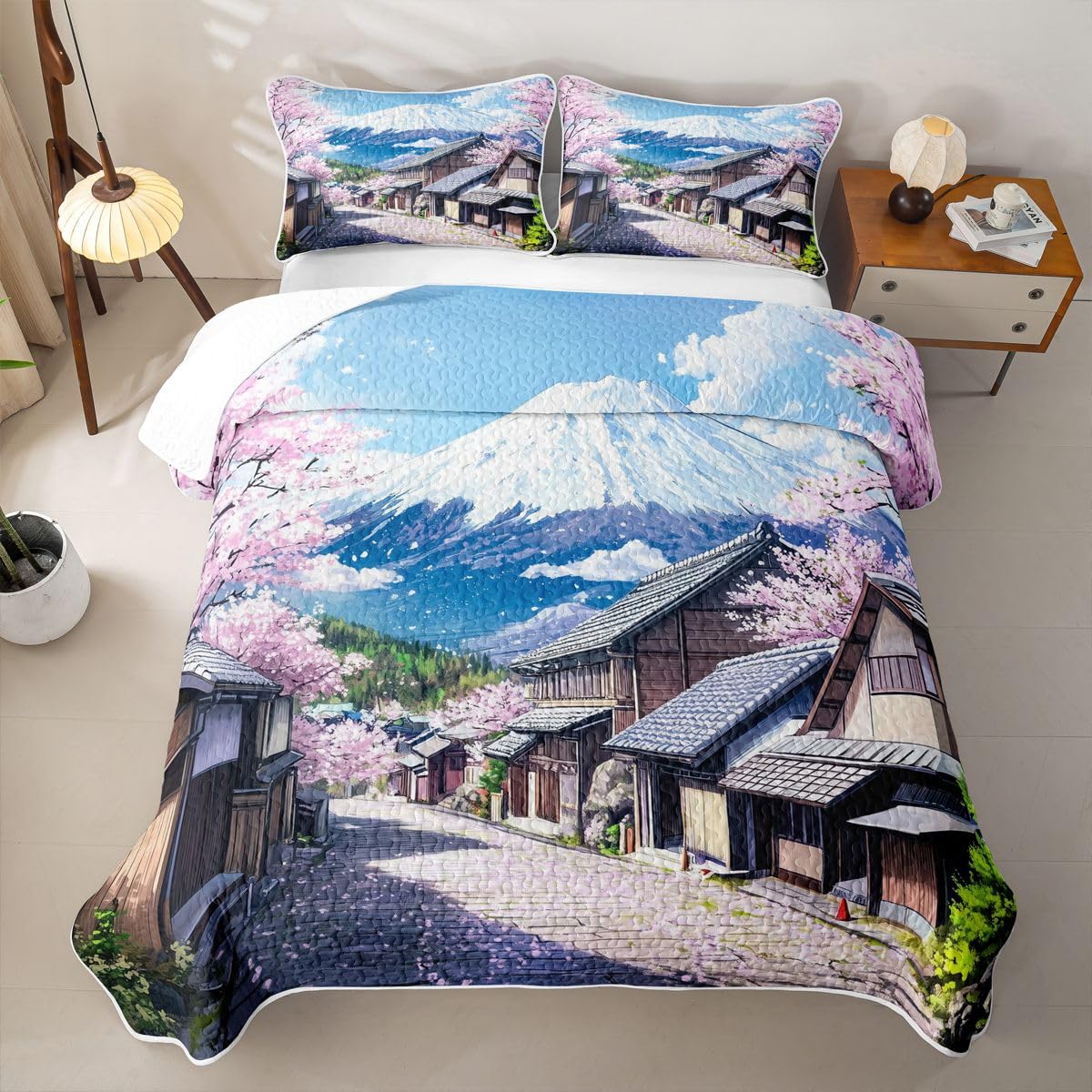 Erosebridal Japanese Ukiyo-E Quilt Twin Size - Watercolor Landscape Bedspread Japanese Cherry Blossom Bed Coverlet with 1 Pillowcase